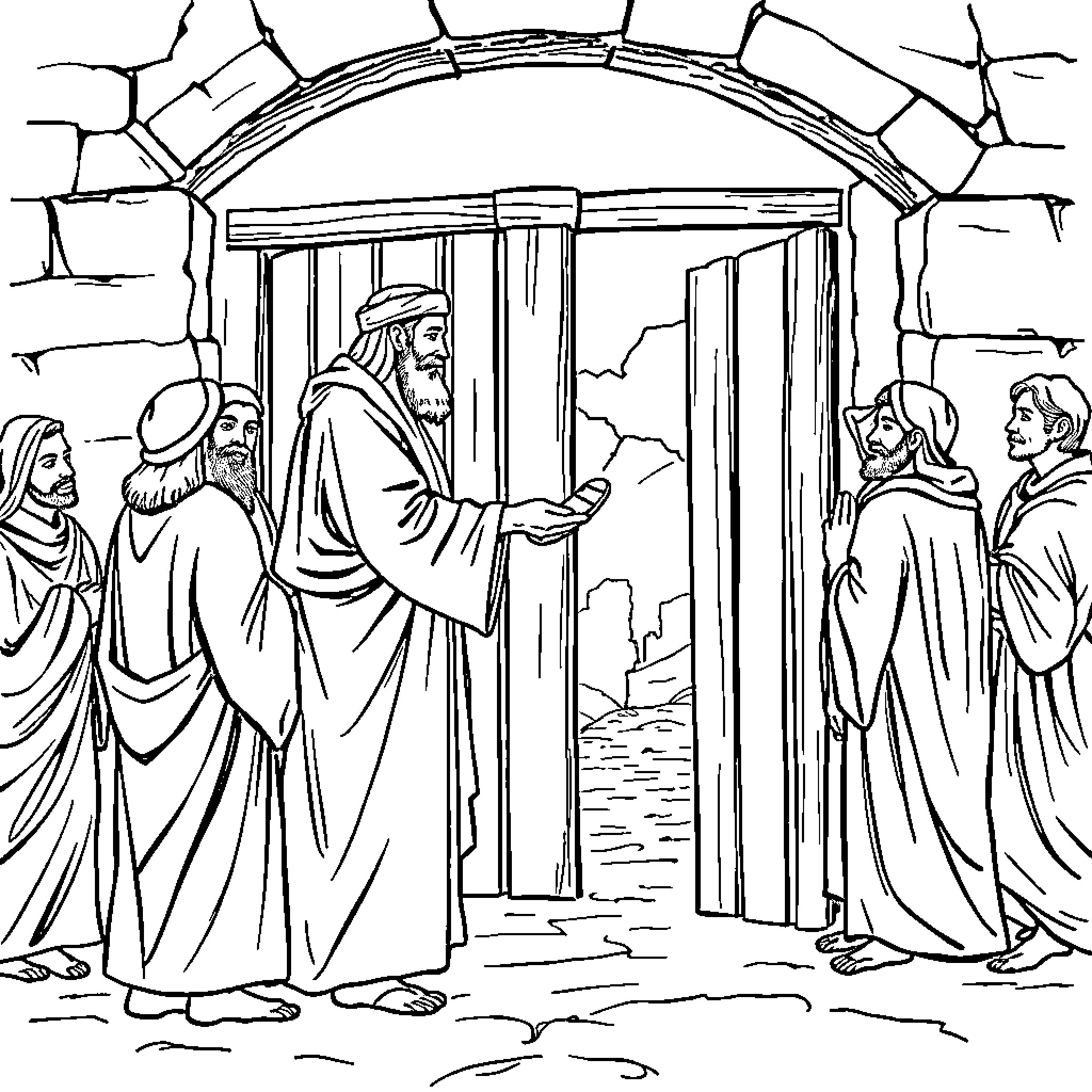 Boaz greeting guests at his home Coloring Page (free black-and-white line drawing printable PDF for all, from beginners to advanced learners, including children, teens, adults, and seniors)
