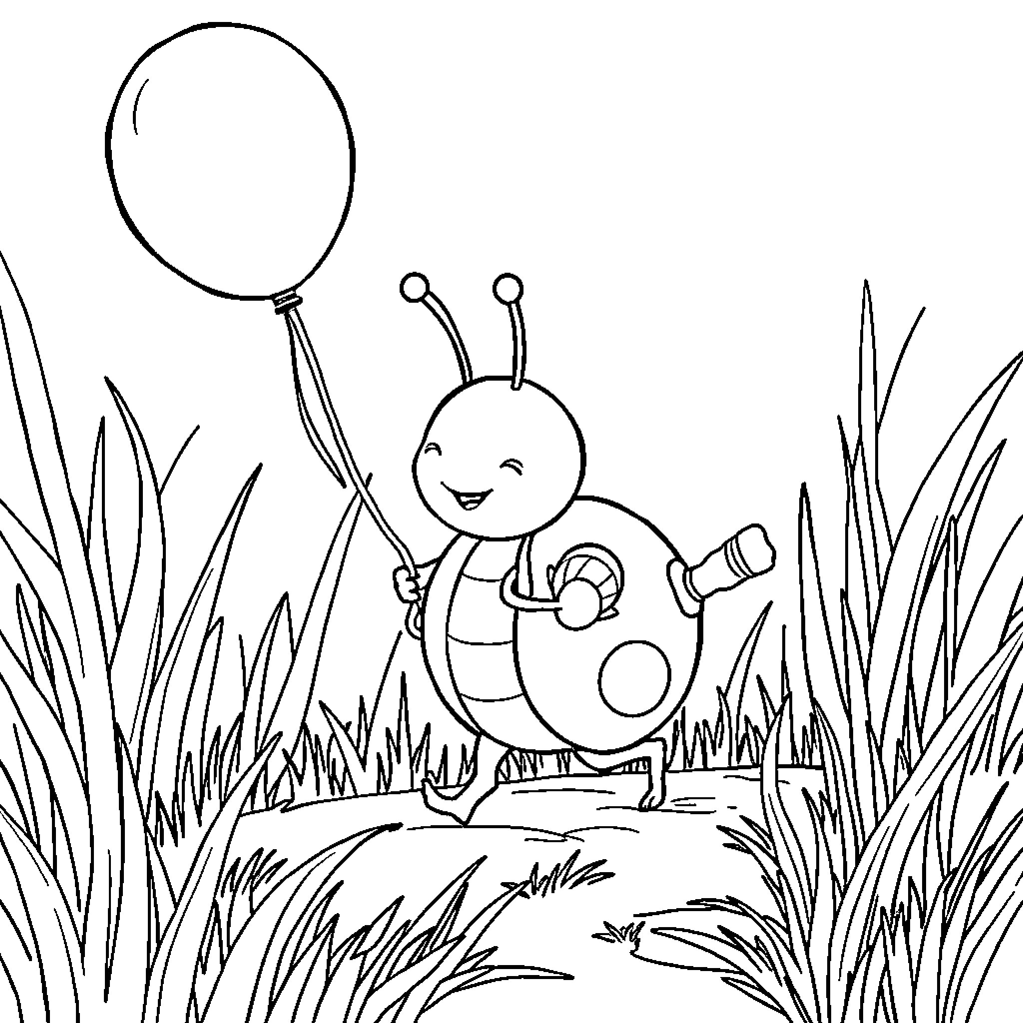 Rolly Pollie enjoying nature with a big smile Coloring Page (free black-and-white line drawing printable PDF for all, from beginners to advanced learners, including children, teens, adults, and seniors)
