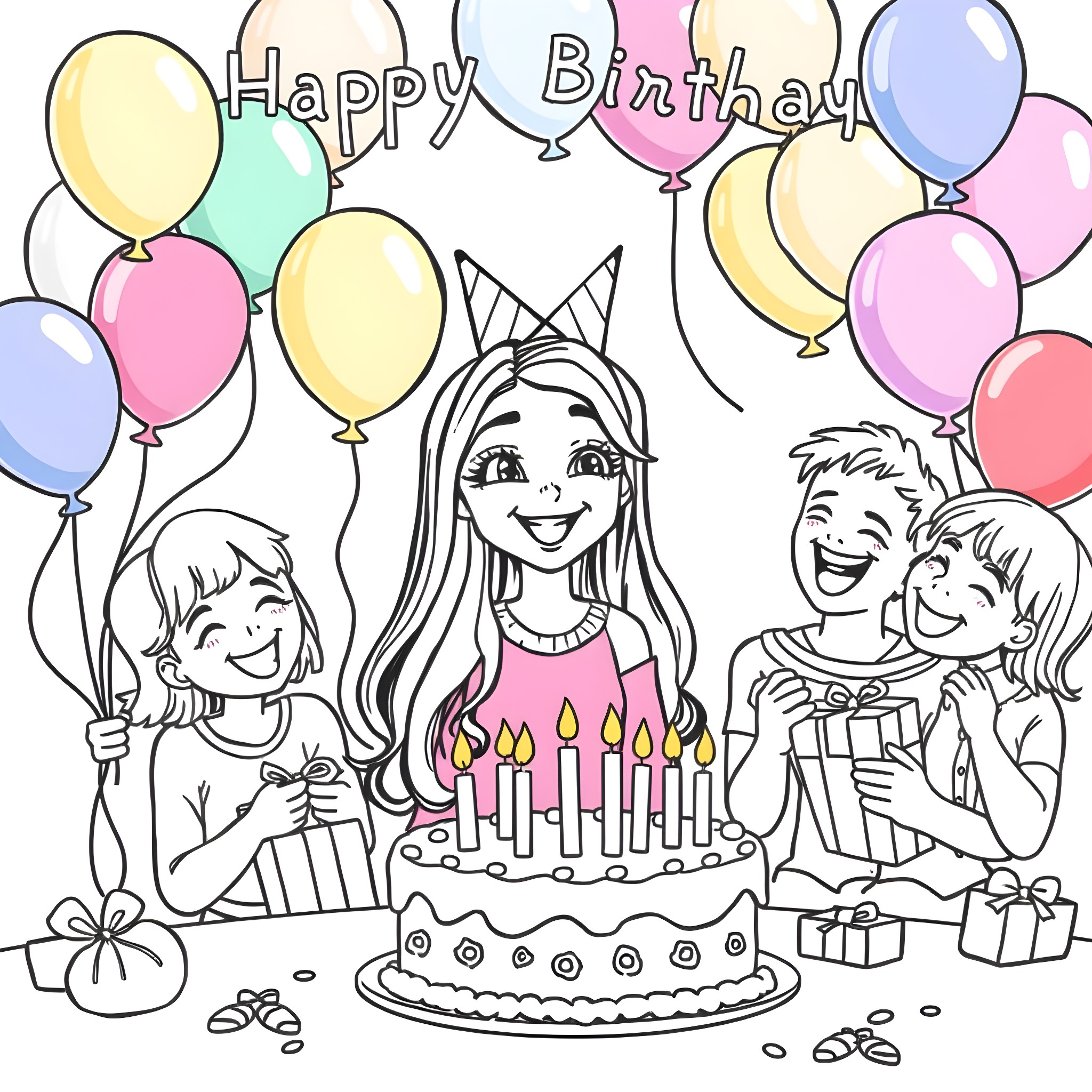 Birthday Celebration with Cake, Balloons, and Friends Coloring Page (free black-and-white line drawing printable PDF for all, from beginners to advanced learners, including children, teens, adults, and seniors)