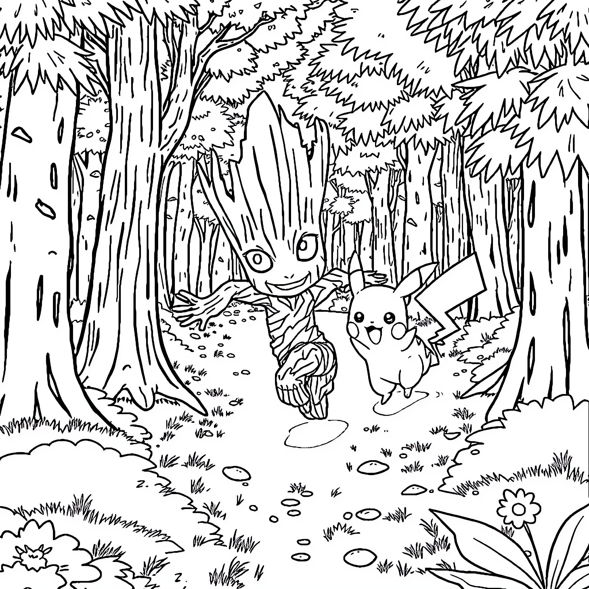 Groot and Pikachu explore the enchanted forest Coloring Page (free black-and-white line drawing printable PDF for all, from beginners to advanced learners, including children, teens, adults, and seniors)
