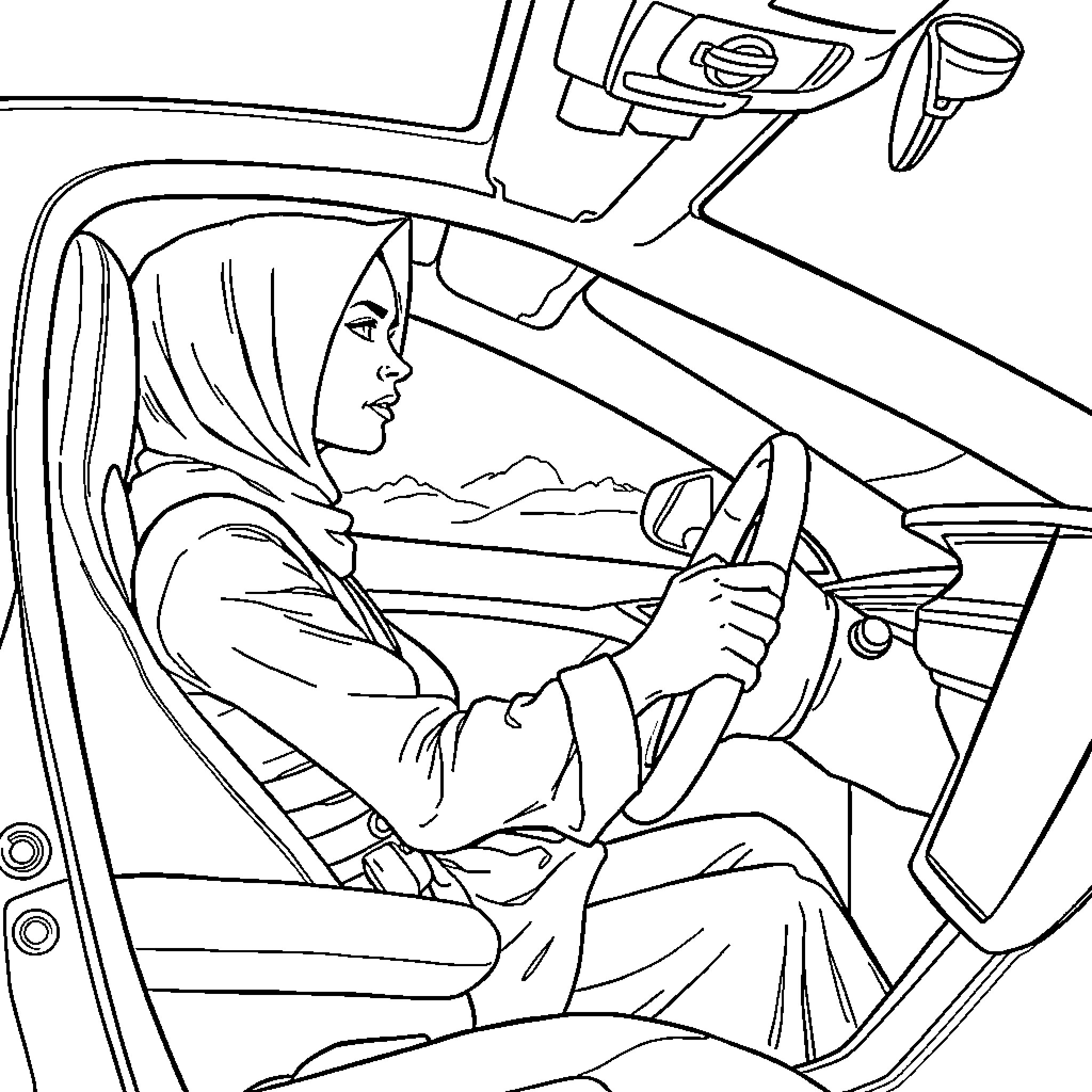 Handmaiden driving a car on the open road Coloring Page (free black-and-white line drawing printable PDF for all, from beginners to advanced learners, including children, teens, adults, and seniors)
