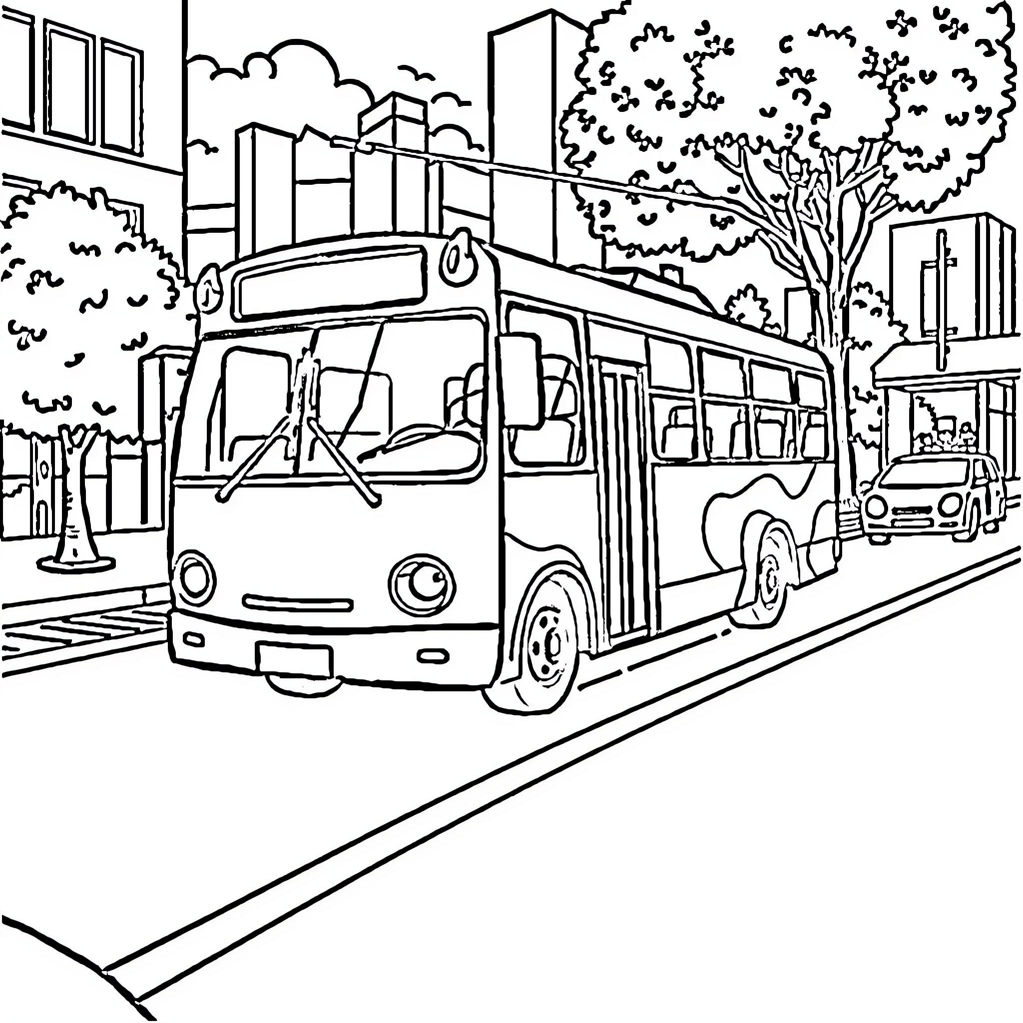 Hippo bus driving through the city Coloring Page (free black-and-white line drawing printable PDF for all, from beginners to advanced learners, including children, teens, adults, and seniors)