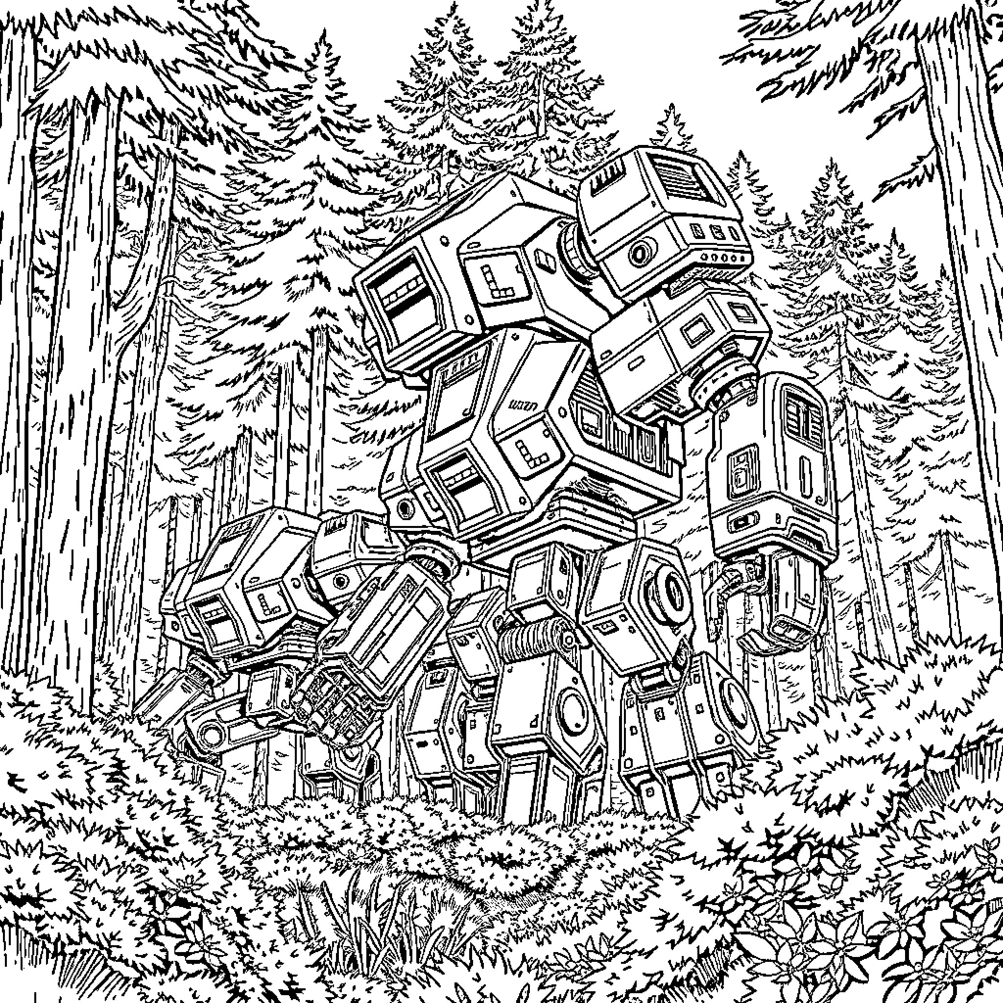 War Robot in the Enchanted Forest Coloring Page (free black-and-white line drawing printable PDF for all, from beginners to advanced learners, including children, teens, adults, and seniors)