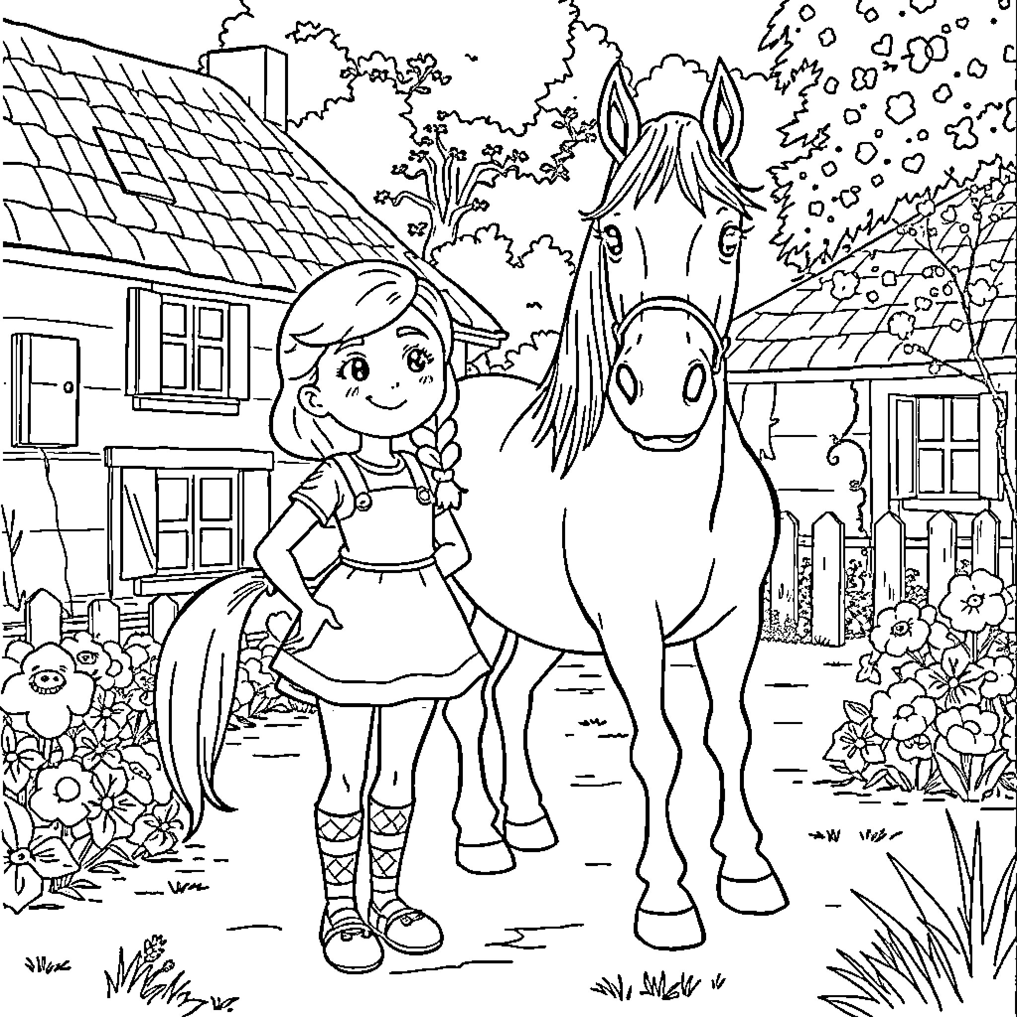 Pippi Langstrumpf and her trusted horse in the village Coloring Page (free black-and-white line drawing printable PDF for all, from beginners to advanced learners, including children, teens, adults, and seniors)