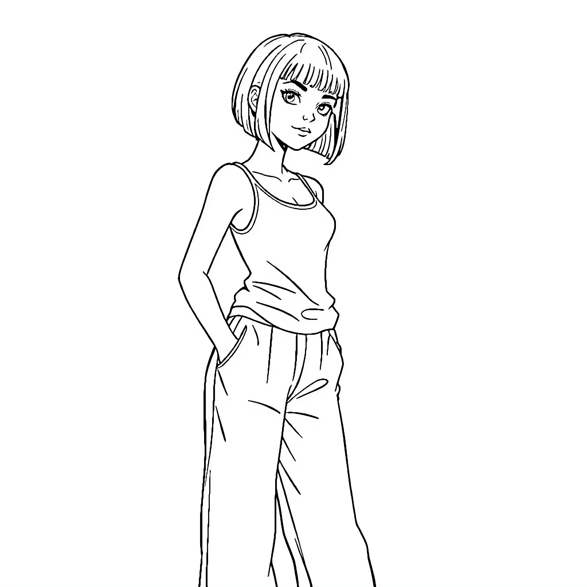 Girl in casual outfit with short hairstyle Coloring Page (free black-and-white line drawing printable PDF for all, from beginners to advanced learners, including children, teens, adults, and seniors)