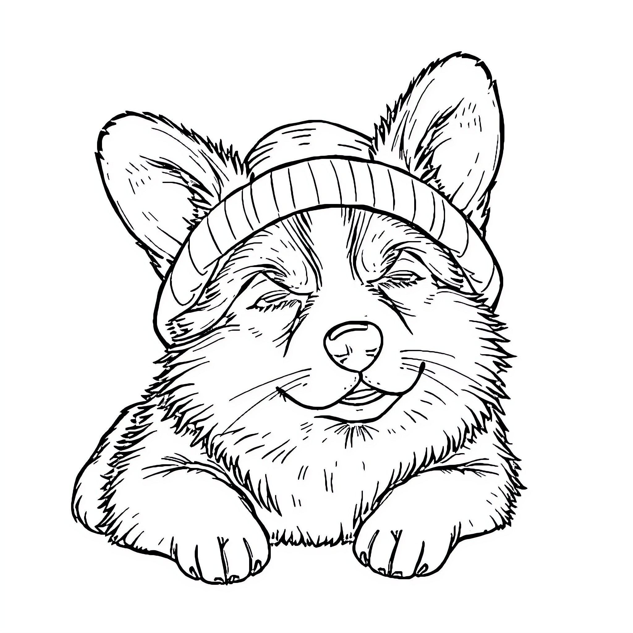 Corgi wearing a cozy winter hat Coloring Page (free black-and-white line drawing printable PDF for all, from beginners to advanced learners, including children, teens, adults, and seniors)