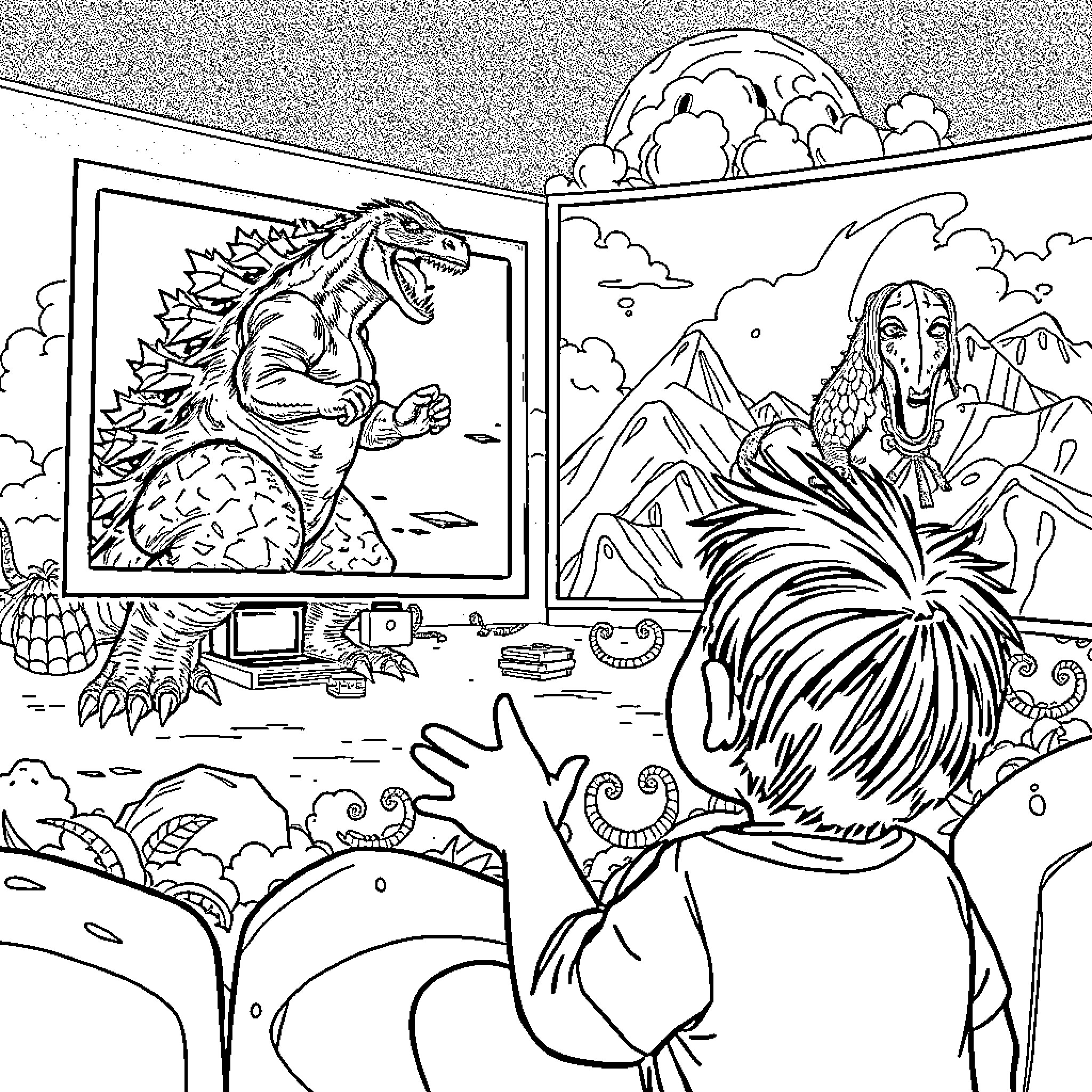 Godzilla movie night with friends Coloring Page (free black-and-white line drawing printable PDF for all, from beginners to advanced learners, including children, teens, adults, and seniors)