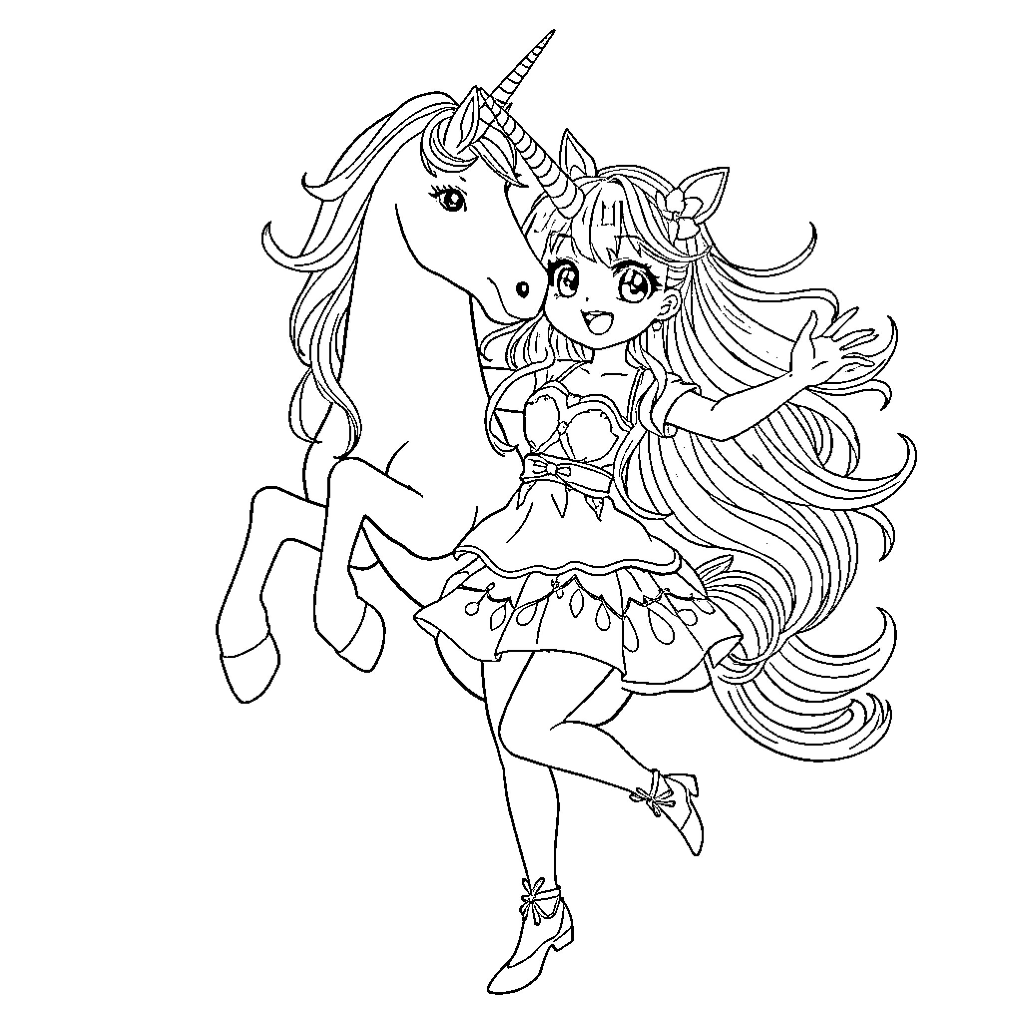 Anime Girl Riding a Unicorn Coloring Page (free black-and-white line drawing printable PDF for all, from beginners to advanced learners, including children, teens, adults, and seniors)