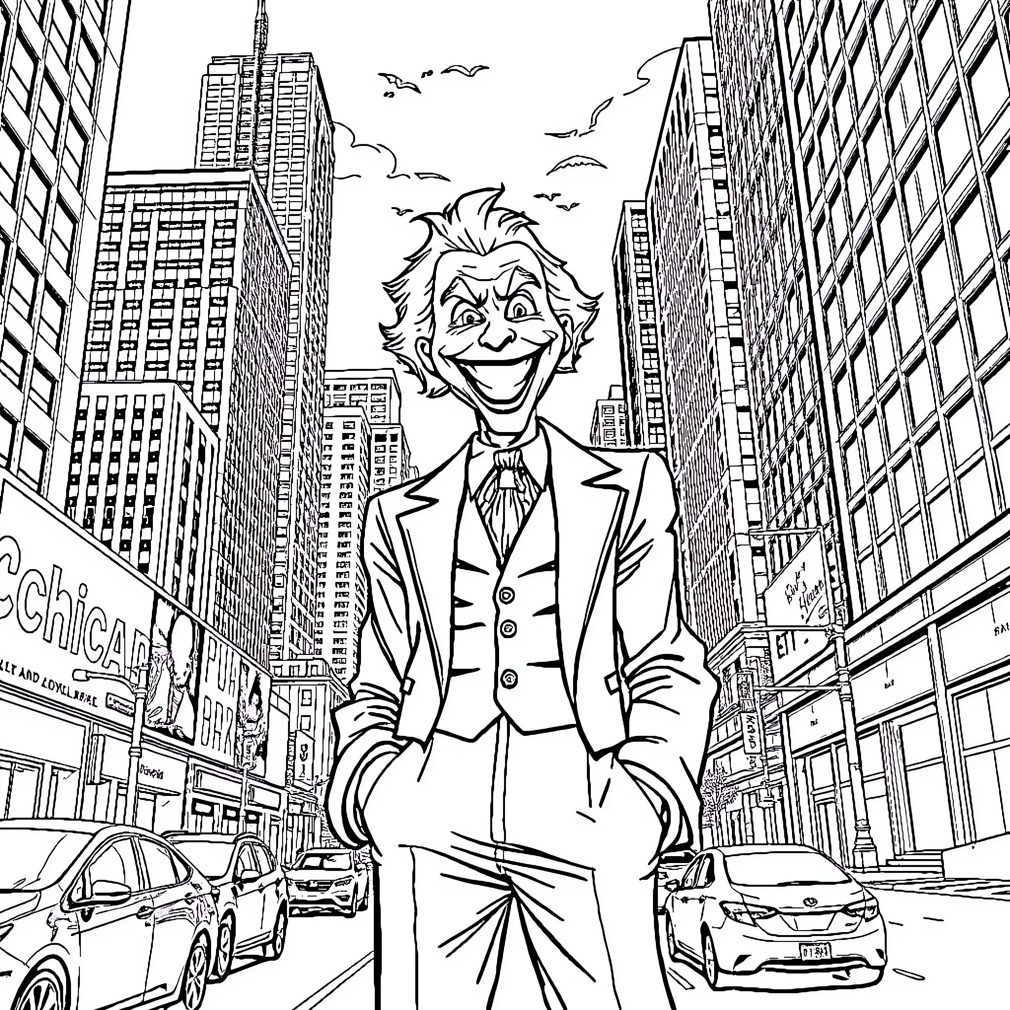 Joker enjoying the city scenery with a mischievous grin Coloring Page (free black-and-white line drawing printable PDF for all, from beginners to advanced learners, including children, teens, adults, and seniors)
