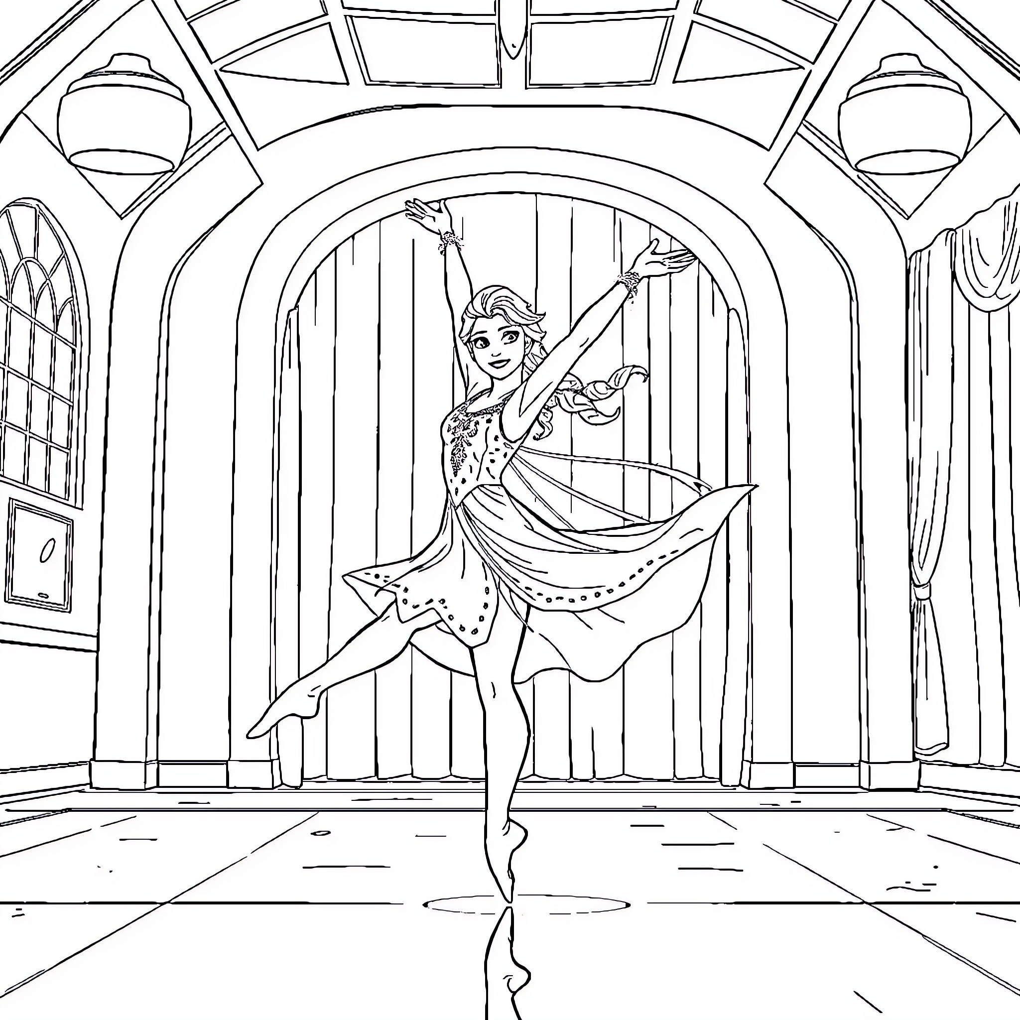 Elsa's Graceful Dance Performance Coloring Page (free black-and-white line drawing printable PDF for all, from beginners to advanced learners, including children, teens, adults, and seniors)