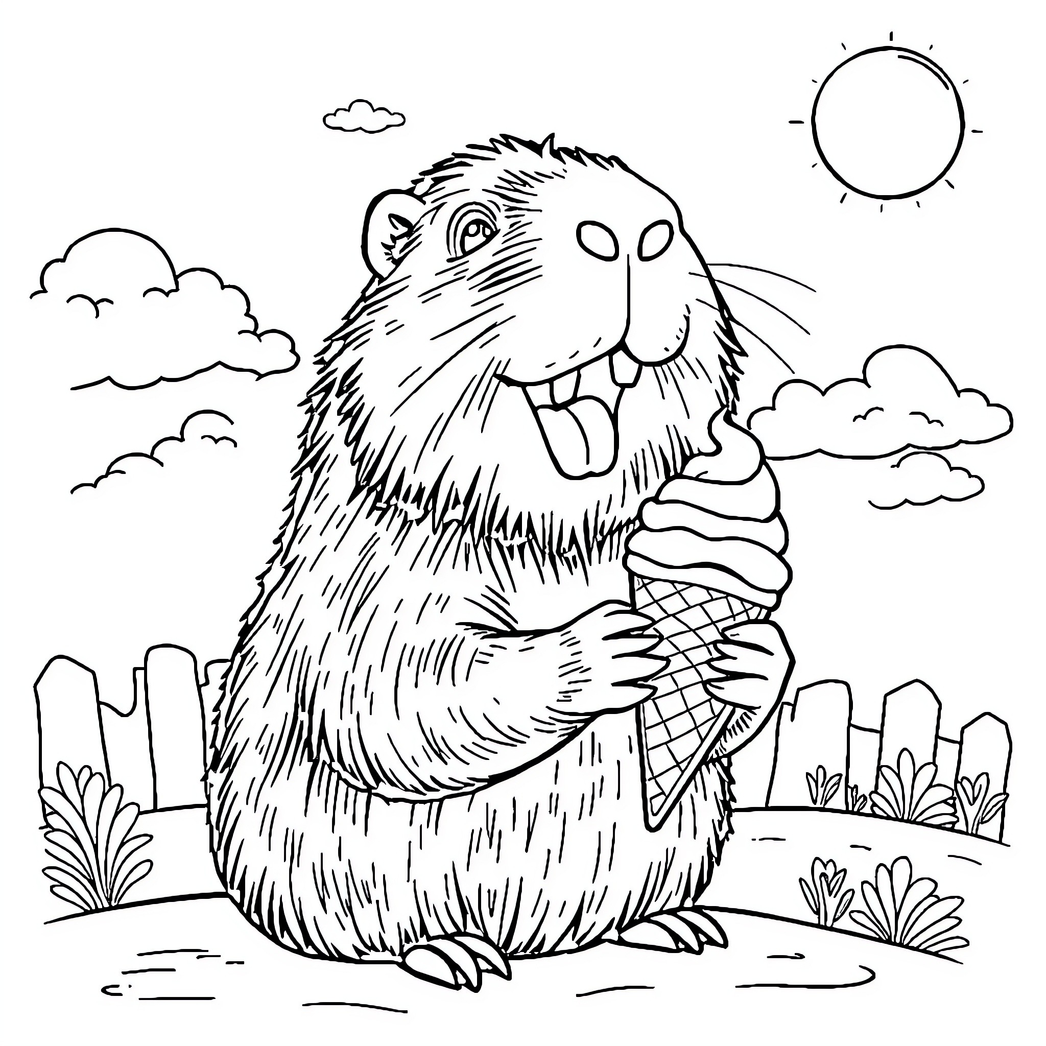 Capybara enjoying a tasty ice cream treat Coloring Page (free black-and-white line drawing printable PDF for all, from beginners to advanced learners, including children, teens, adults, and seniors)