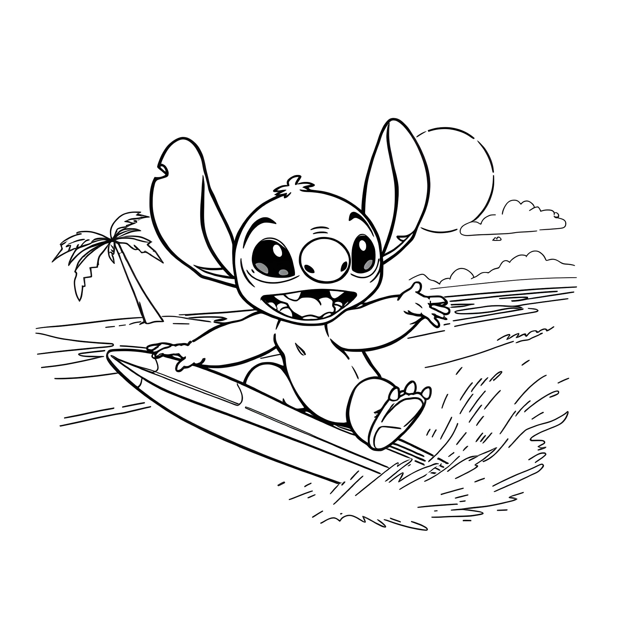 Stitch surfing on the beach Coloring Page (free black-and-white line drawing printable PDF for all, from beginners to advanced learners, including children, teens, adults, and seniors)