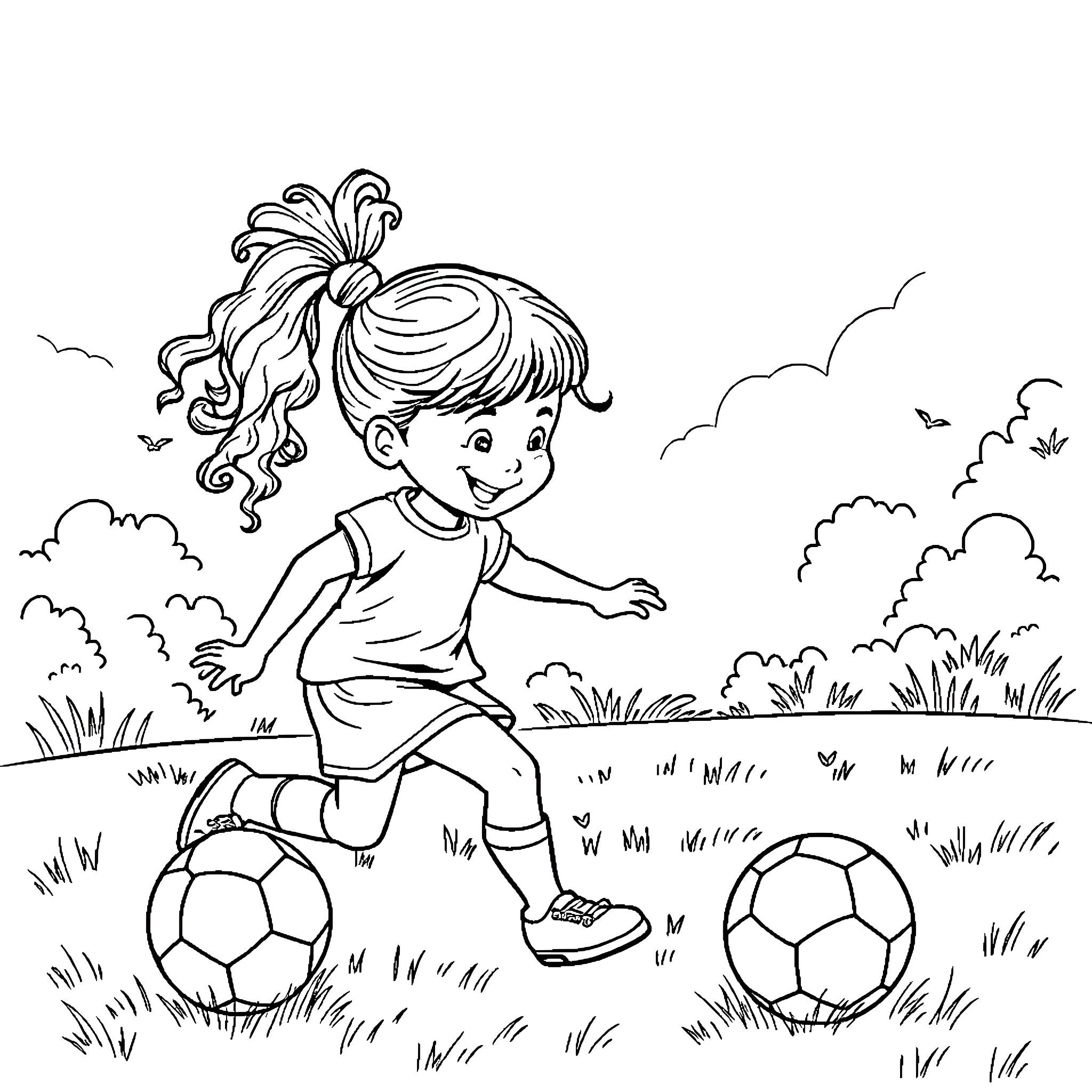 Girl happily playing with soccer balls in the field Coloring Page (free black-and-white line drawing printable PDF for all, from beginners to advanced learners, including children, teens, adults, and seniors)