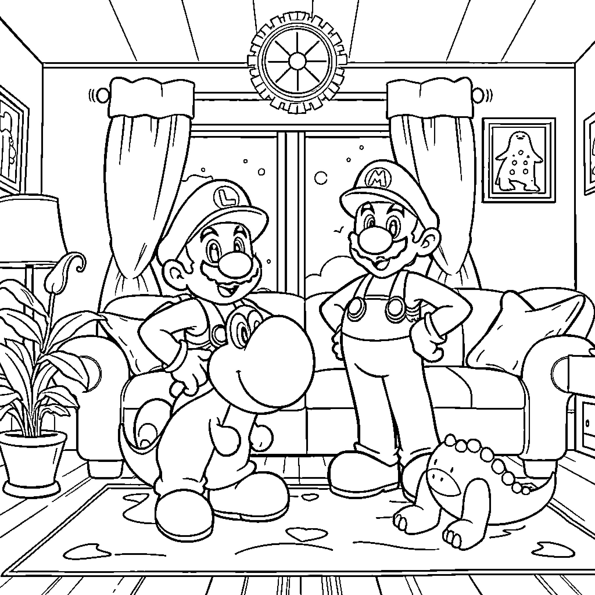 Mario and Luigi Relax in Cozy Home Setting Coloring Page (free black-and-white line drawing printable PDF for all, from beginners to advanced learners, including children, teens, adults, and seniors)