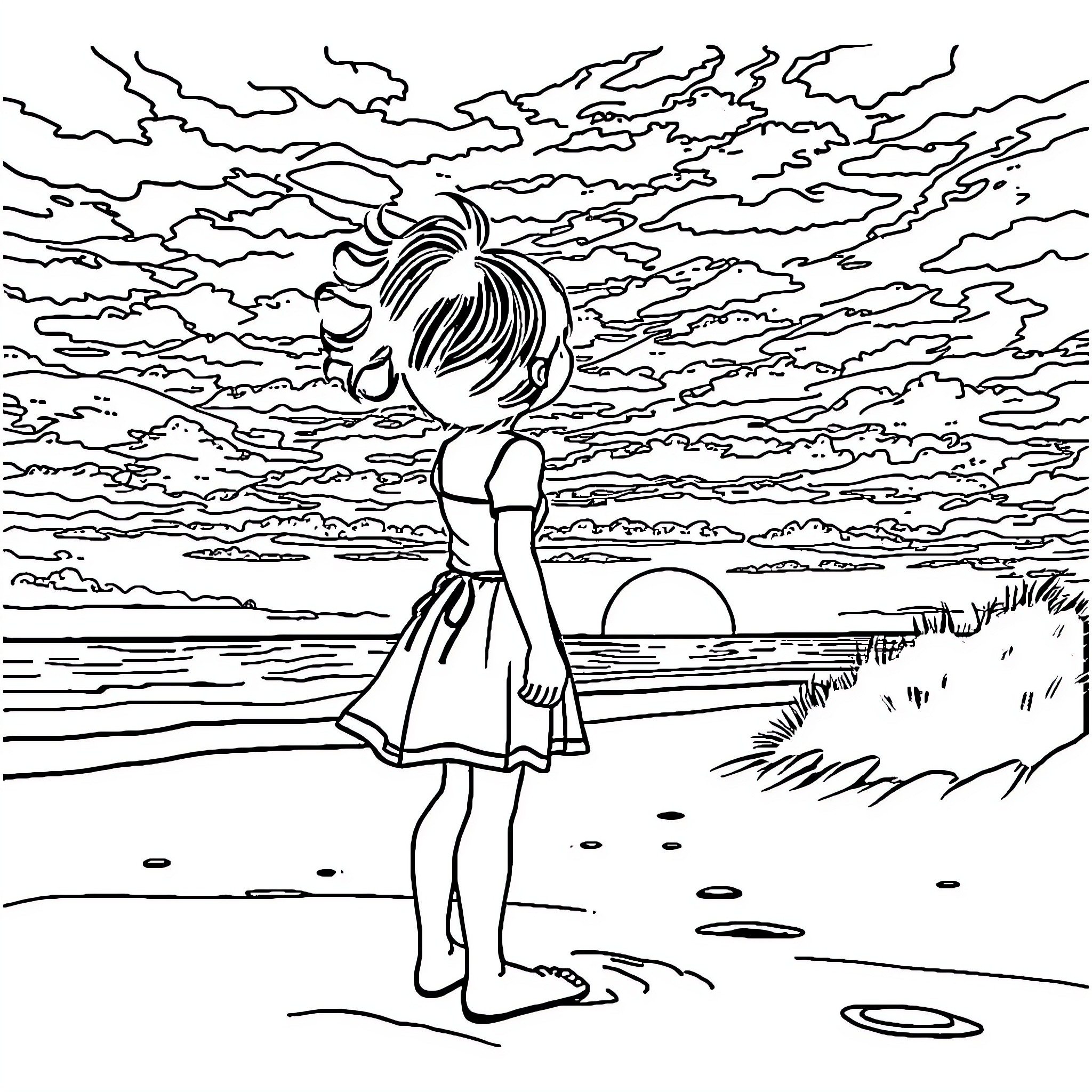 Girl admiring the sunset on the beach Coloring Page (free black-and-white line drawing printable PDF for all, from beginners to advanced learners, including children, teens, adults, and seniors)