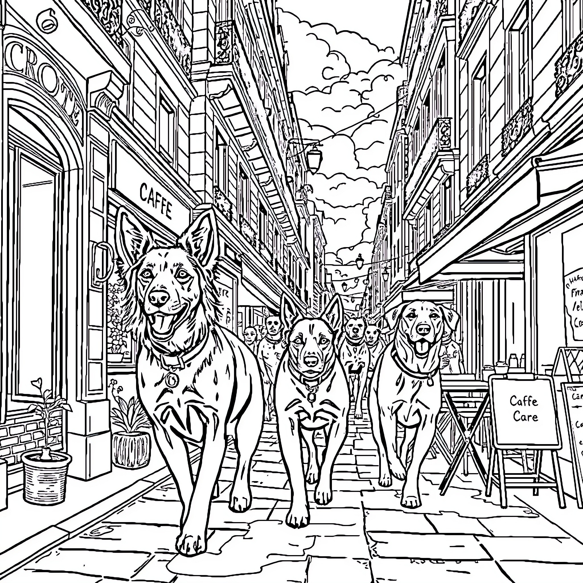 Dog Trio Strolling Down a Bustling City Street Coloring Page (free black-and-white line drawing printable PDF for all, from beginners to advanced learners, including children, teens, adults, and seniors)