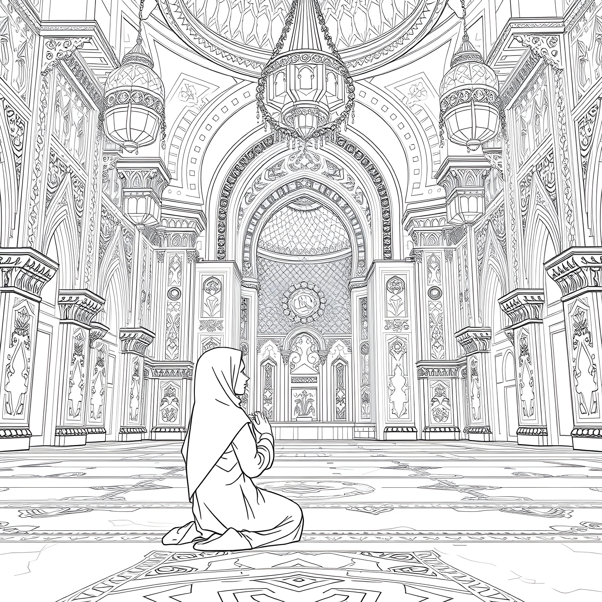Girl praying in ornate Islamic mosque Coloring Page (free black-and-white line drawing printable PDF for all, from beginners to advanced learners, including children, teens, adults, and seniors)