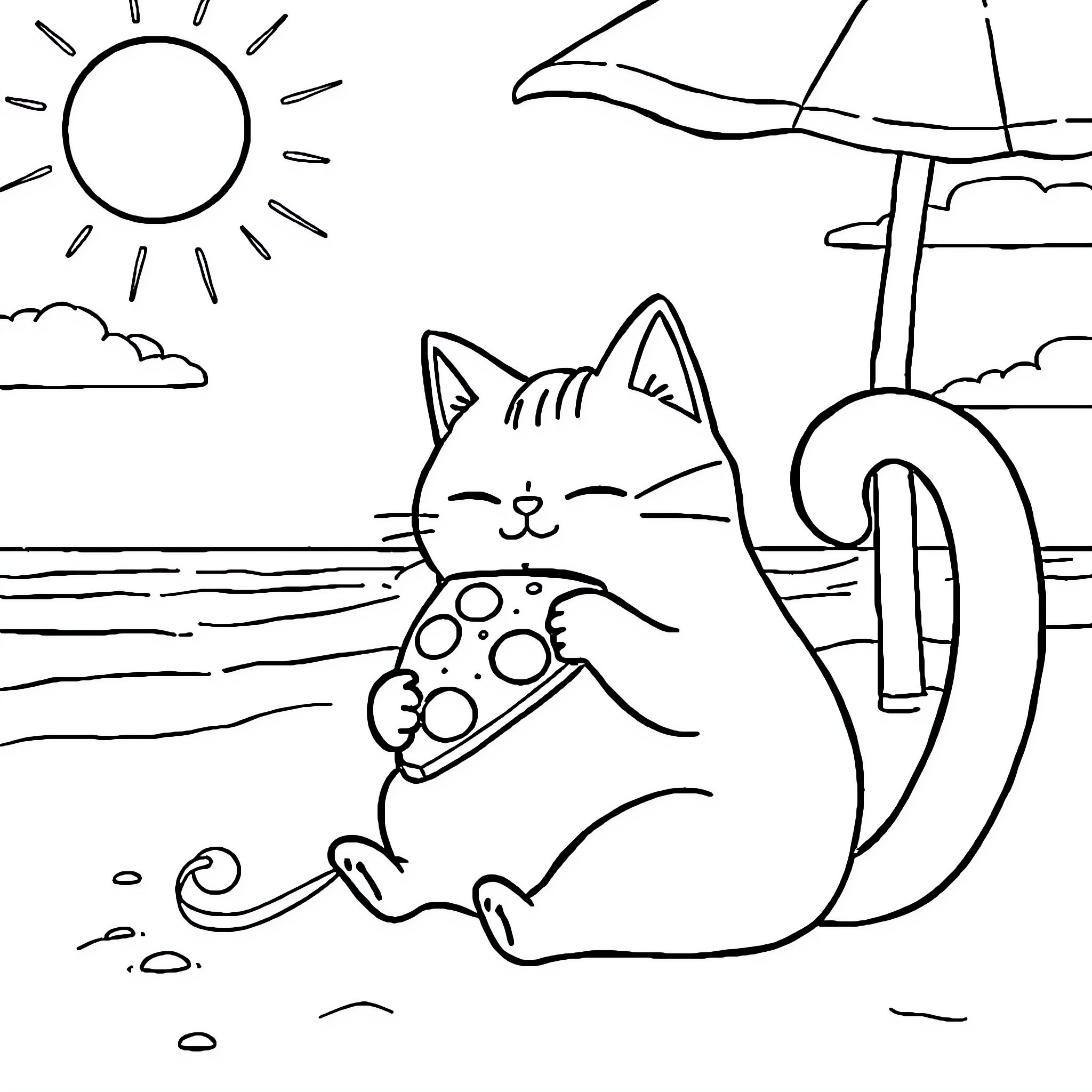 Pusheen enjoying a sunny day at the beach Coloring Page (free black-and-white line drawing printable PDF for all, from beginners to advanced learners, including children, teens, adults, and seniors)