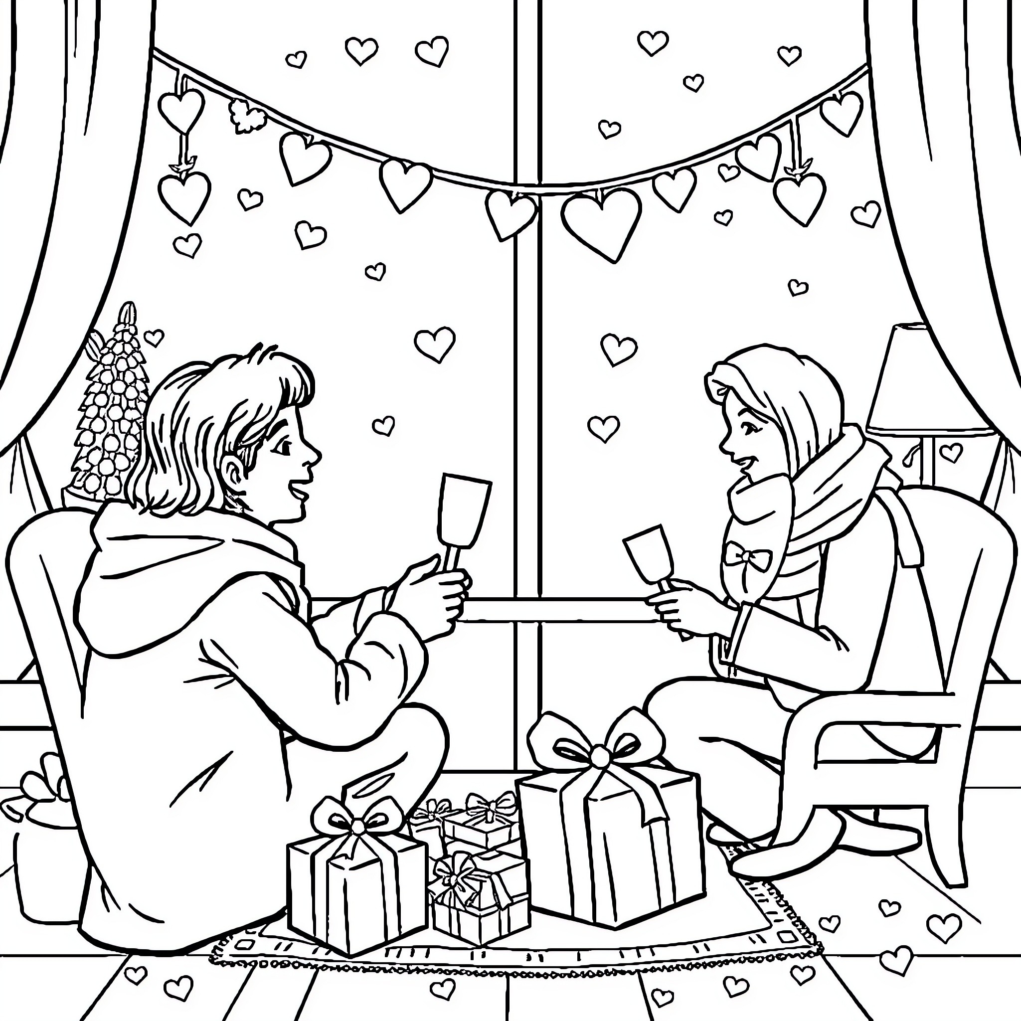Father's Day Celebration with Loved Ones Coloring Page (free black-and-white line drawing printable PDF for all, from beginners to advanced learners, including children, teens, adults, and seniors)