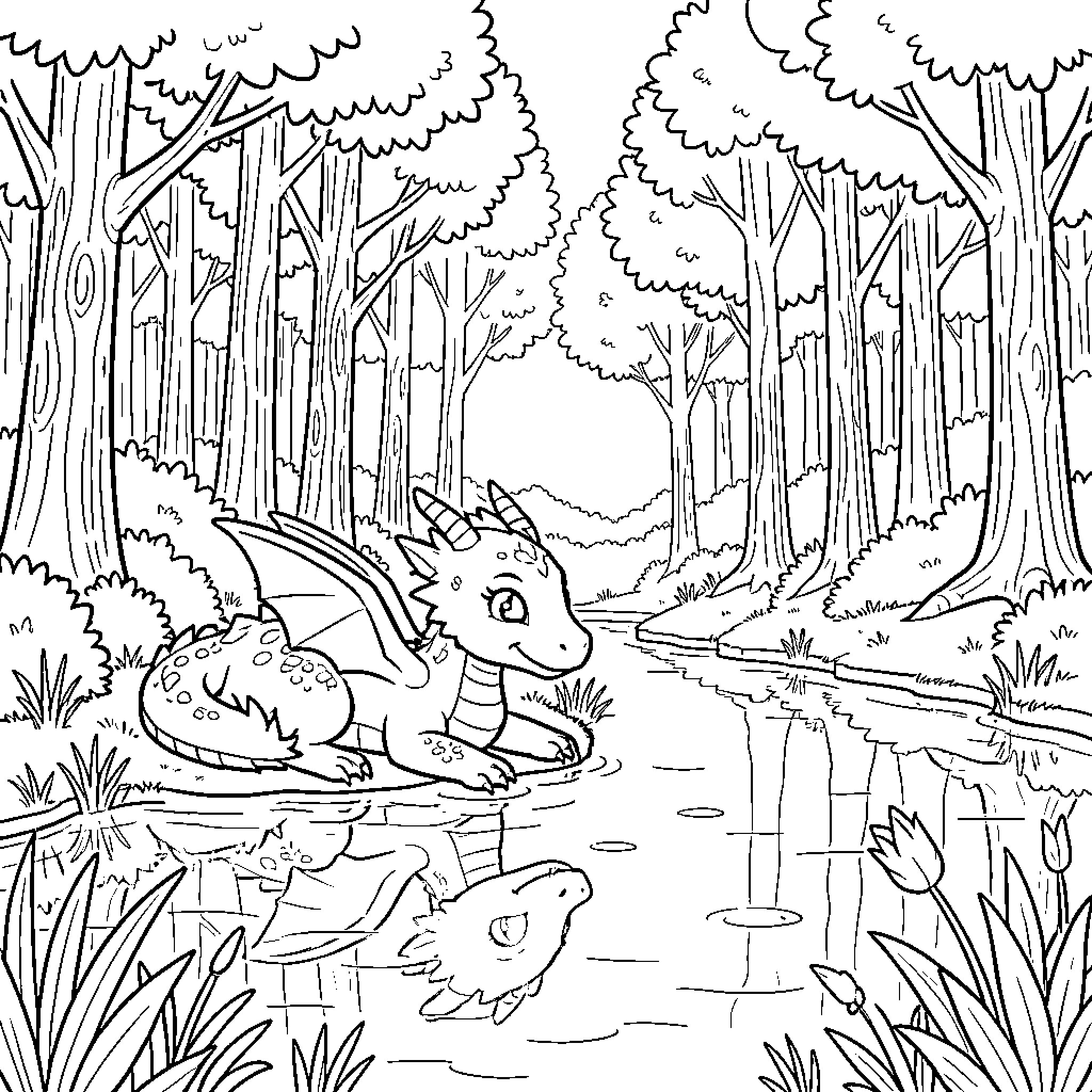 Dragon resting peacefully by a forest stream Coloring Page (free black-and-white line drawing printable PDF for all, from beginners to advanced learners, including children, teens, adults, and seniors)