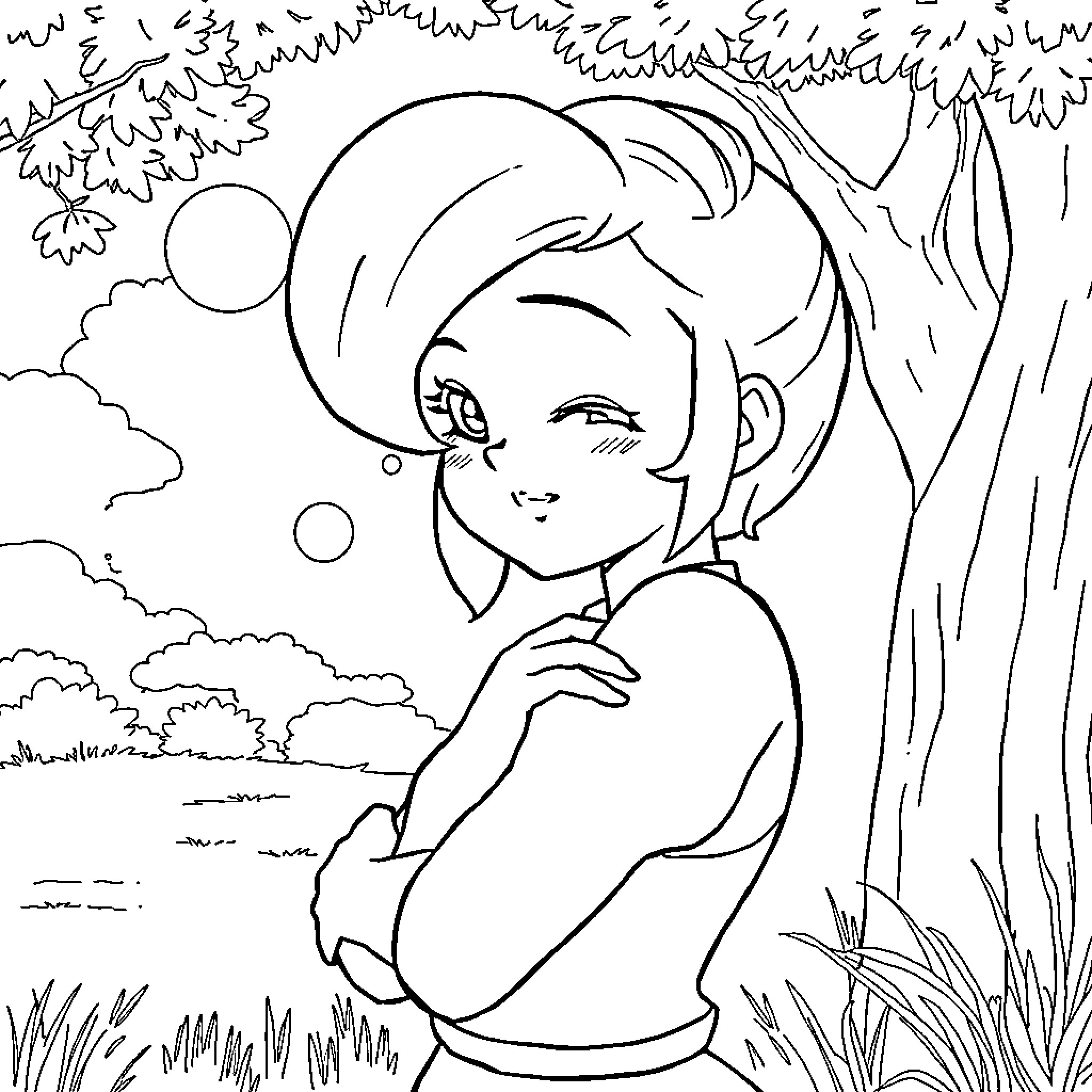 Bulma contemplating in the natural setting Coloring Page (free black-and-white line drawing printable PDF for all, from beginners to advanced learners, including children, teens, adults, and seniors)