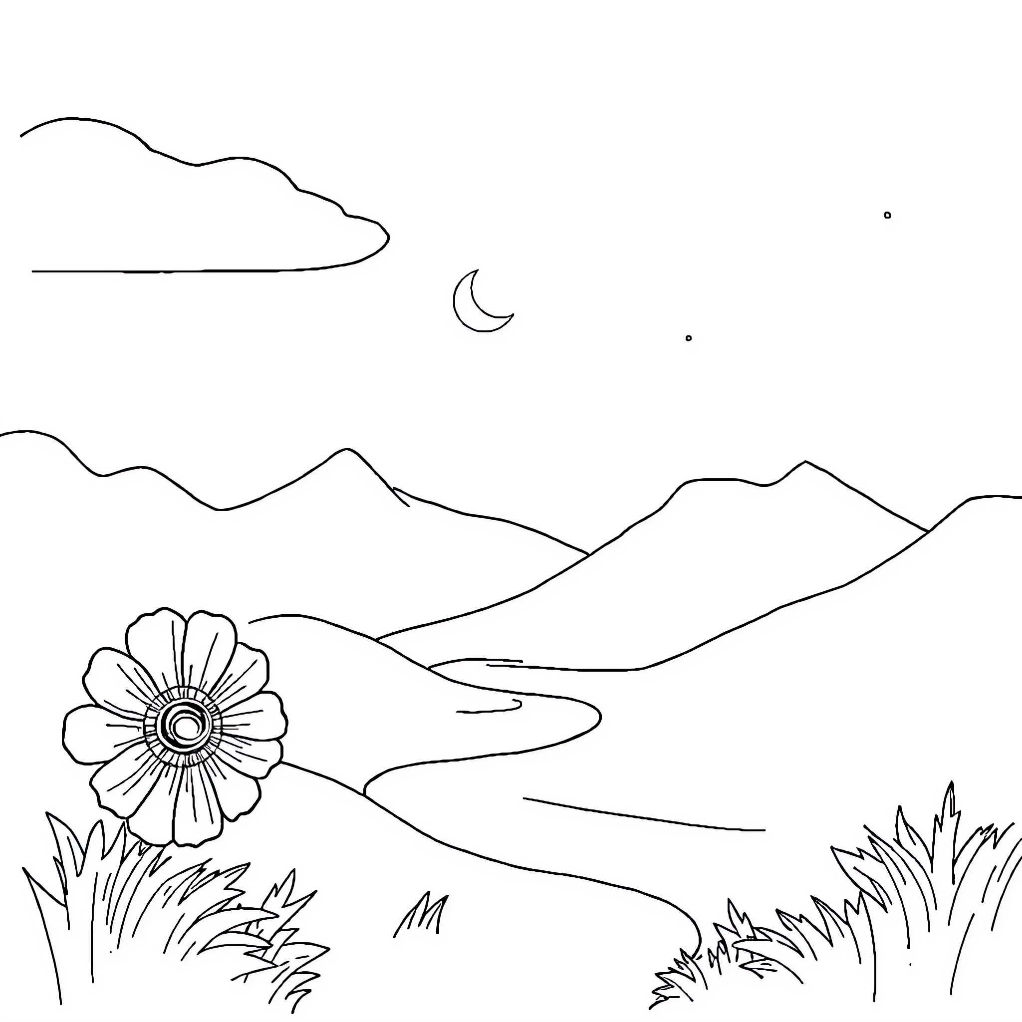 राज ठाकरे's serene mountain landscape with crescent moon Coloring Page (free black-and-white line drawing printable PDF for all, from beginners to advanced learners, including children, teens, adults, and seniors)