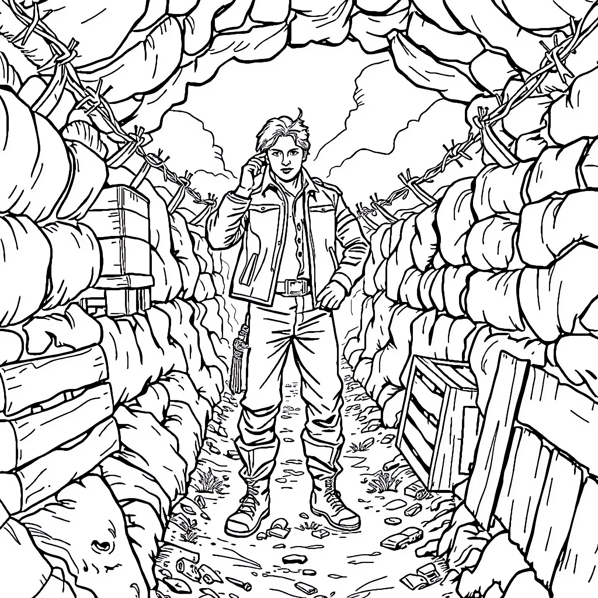 Marty McFly in a mysterious and chaotic scene Coloring Page (free black-and-white line drawing printable PDF for all, from beginners to advanced learners, including children, teens, adults, and seniors)
