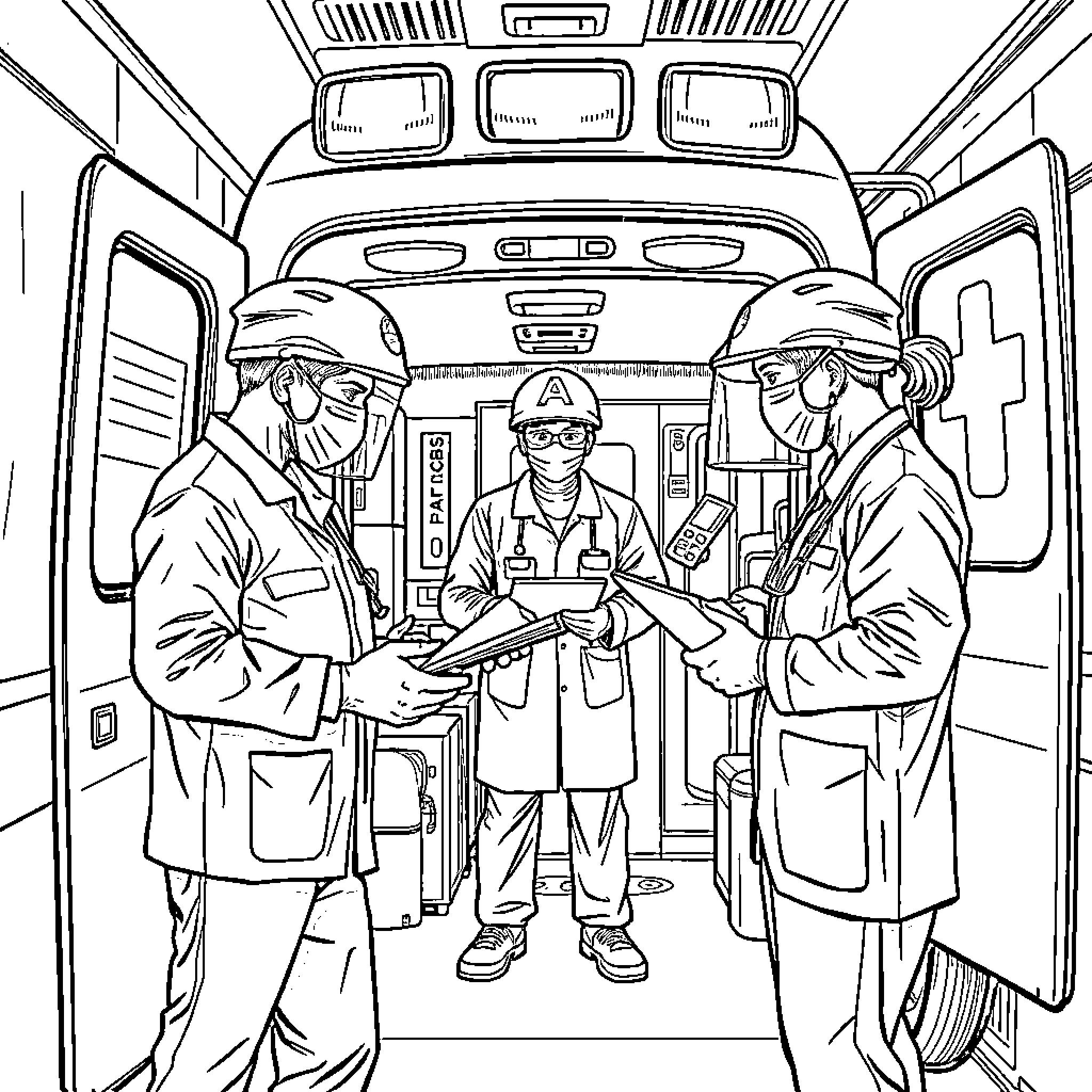 Sanitary Technicians Assisting in Medical Emergency Coloring Page (free black-and-white line drawing printable PDF for all, from beginners to advanced learners, including children, teens, adults, and seniors)