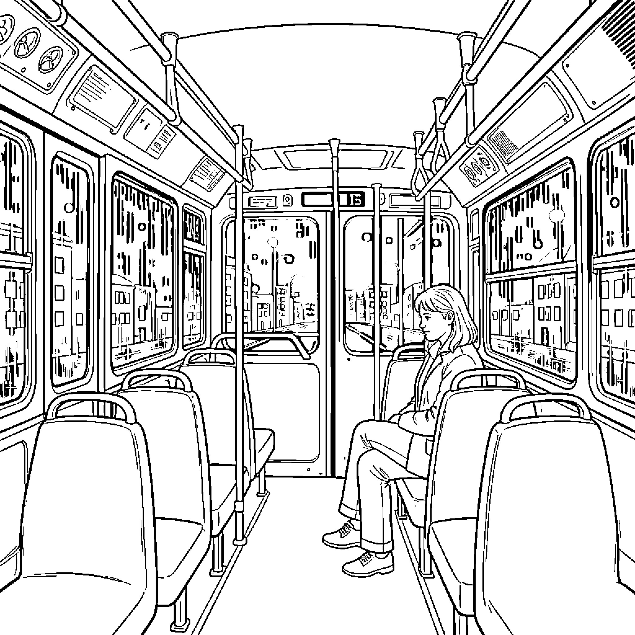 Bus interior with woman passenger Coloring Page (free black-and-white line drawing printable PDF for all, from beginners to advanced learners, including children, teens, adults, and seniors)