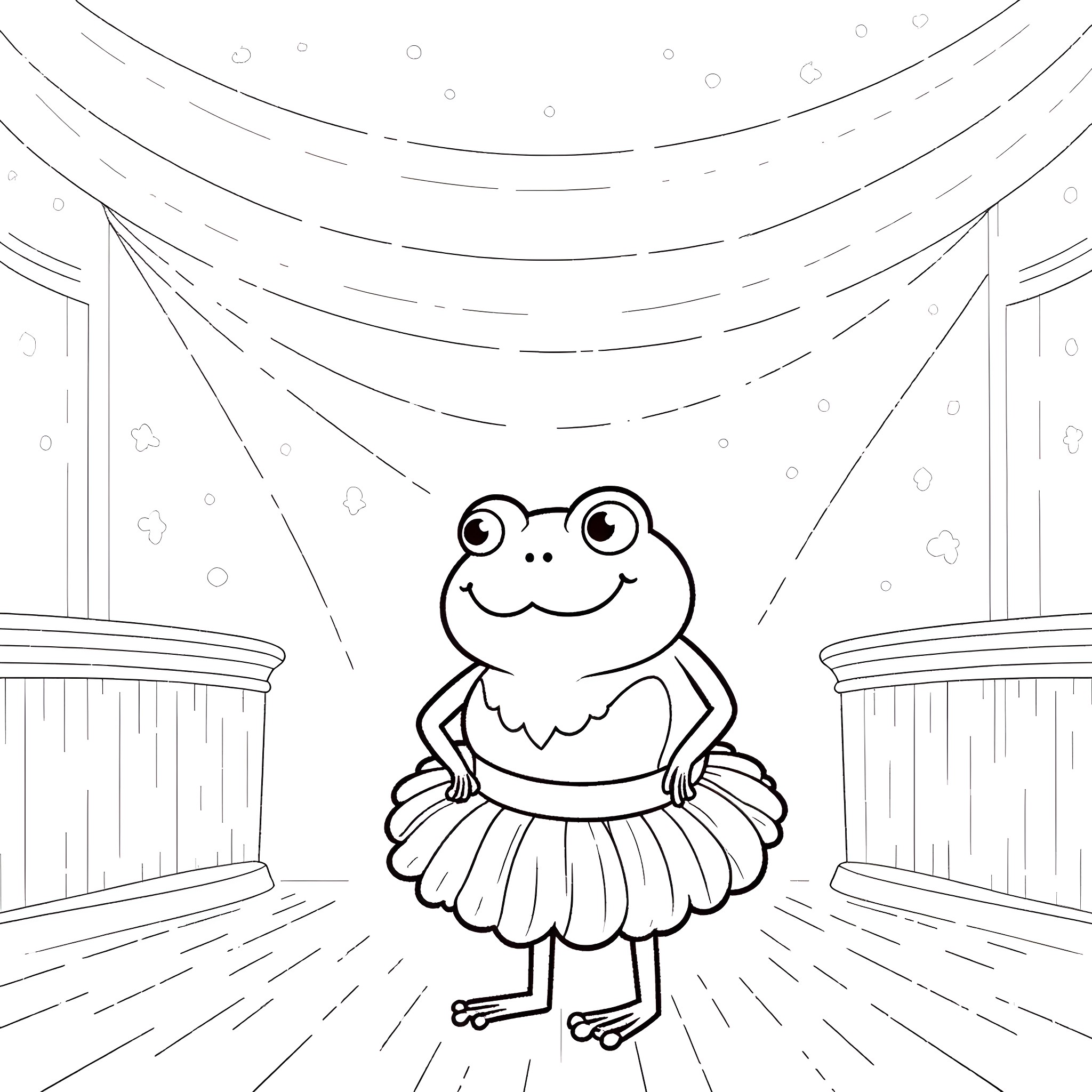 Frog in a tutu on stage Coloring Page (free black-and-white line drawing printable PDF for all, from beginners to advanced learners, including children, teens, adults, and seniors)