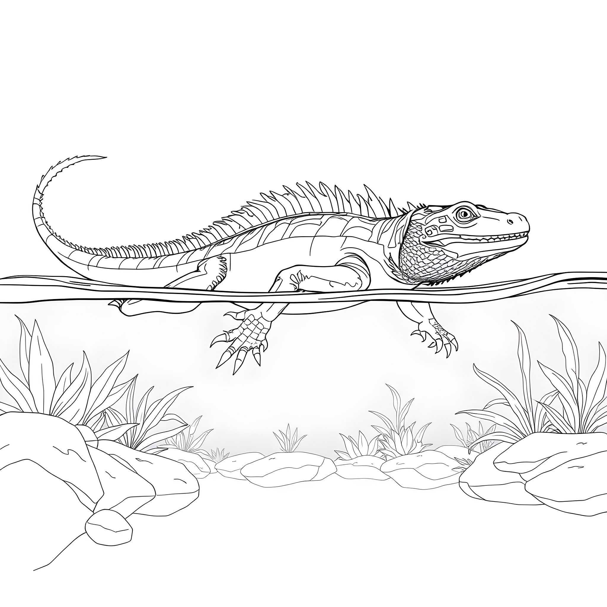 Komodo Dragon exploring its natural habitat Coloring Page (free black-and-white line drawing printable PDF for all, from beginners to advanced learners, including children, teens, adults, and seniors)
