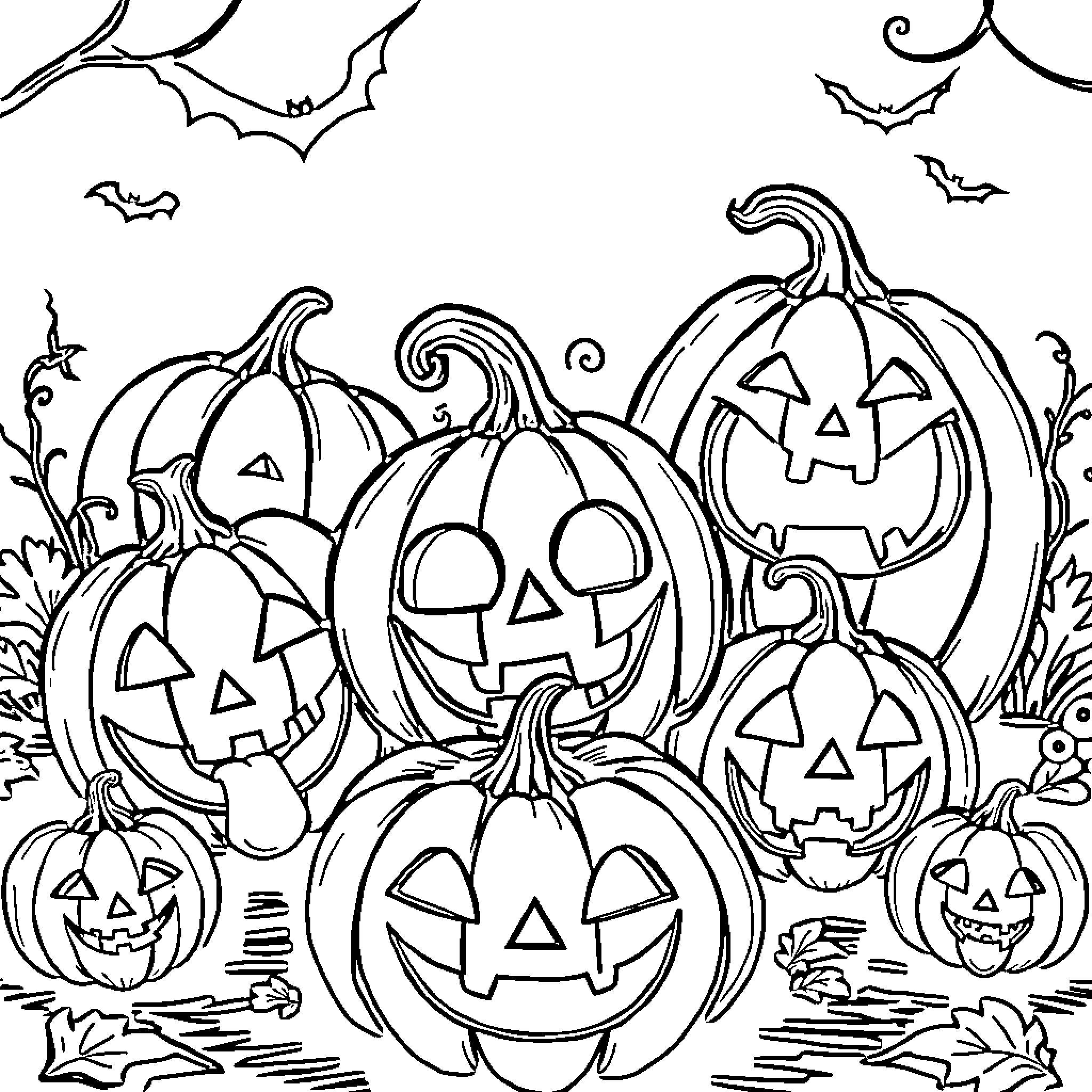 Pumpkins and bats in a Halloween scene Coloring Page (free black-and-white line drawing printable PDF for all, from beginners to advanced learners, including children, teens, adults, and seniors)