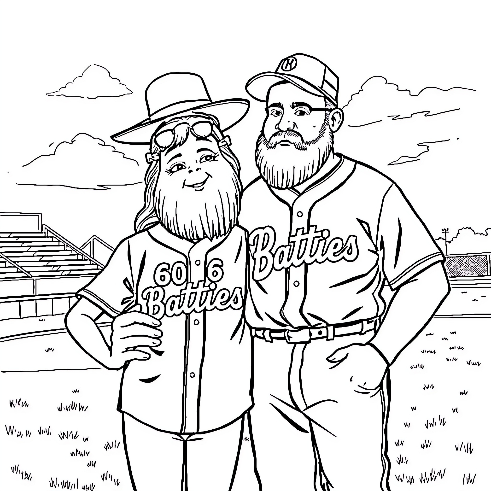 Girl and baseball player posing on the field Coloring Page (free black-and-white line drawing printable PDF for all, from beginners to advanced learners, including children, teens, adults, and seniors)