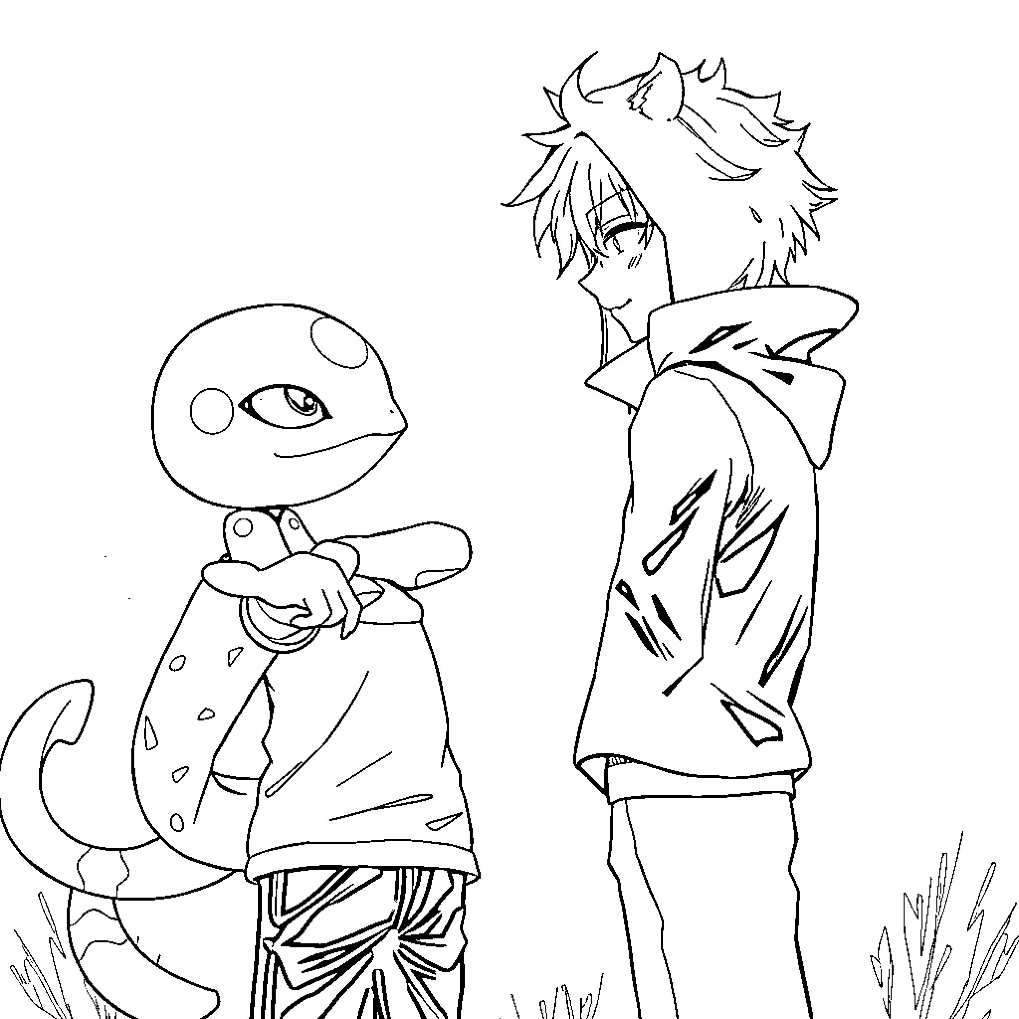 Kaneki and Companion in Scenic Setting Coloring Page (free black-and-white line drawing printable PDF for all, from beginners to advanced learners, including children, teens, adults, and seniors)