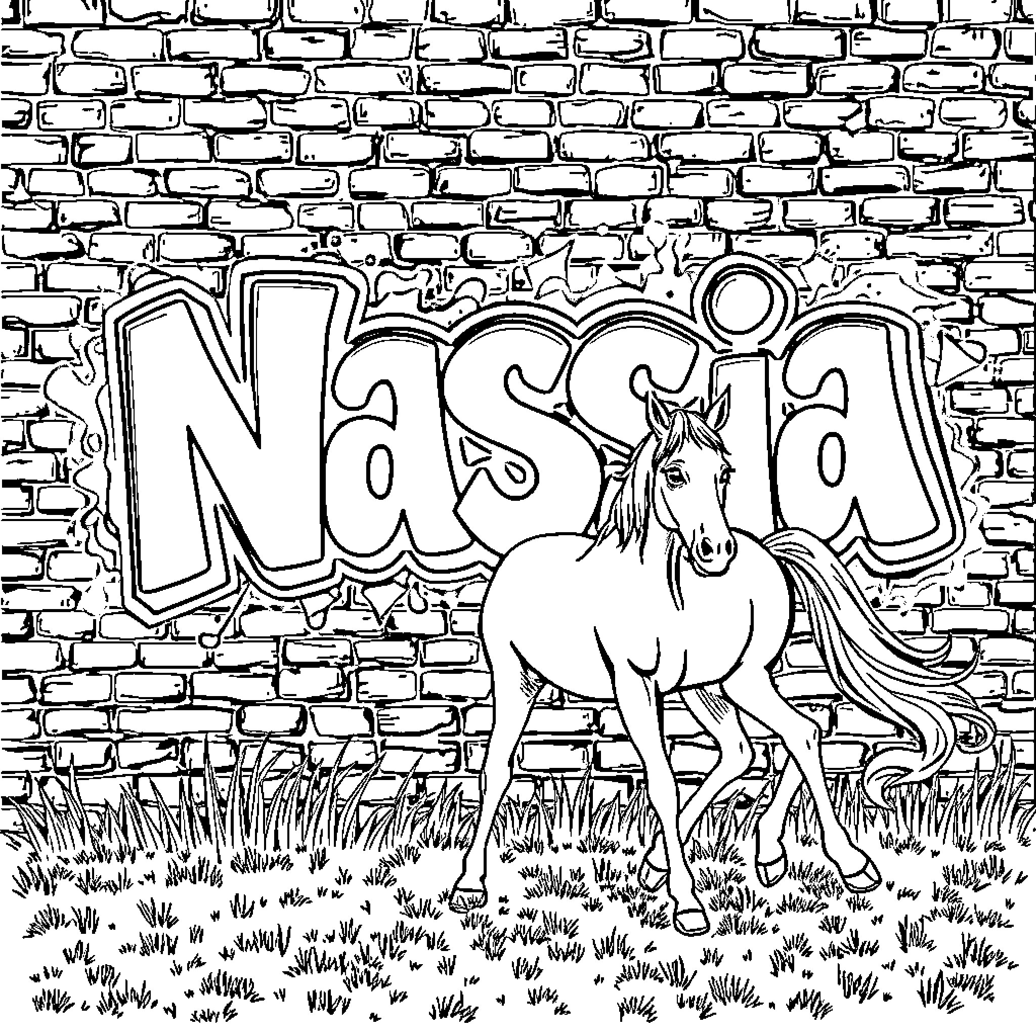 Graffiti of a horse on a brick wall Coloring Page (free black-and-white line drawing printable PDF for all, from beginners to advanced learners, including children, teens, adults, and seniors)