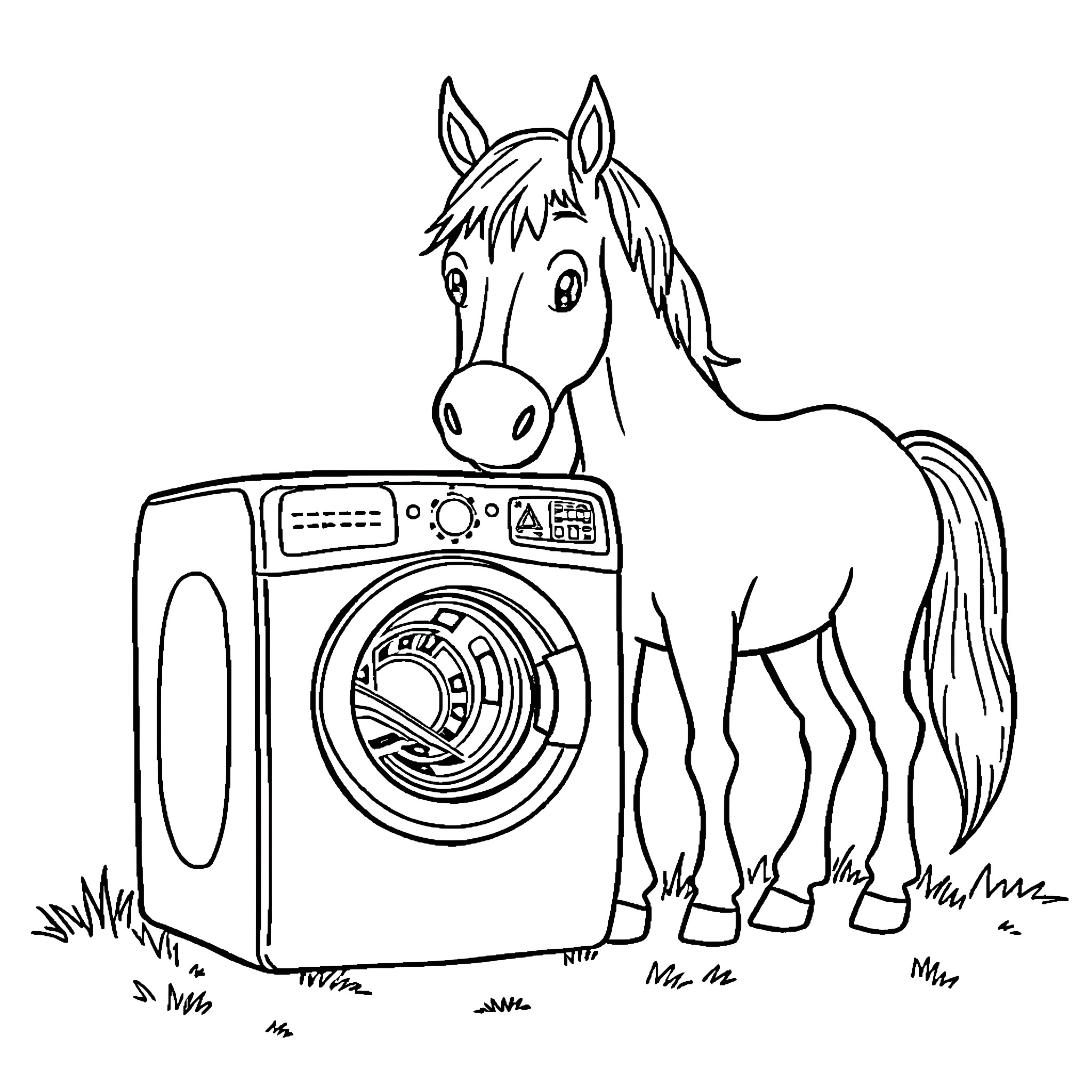 Washing Machine with a Curious Horse Coloring Page (free black-and-white line drawing printable PDF for all, from beginners to advanced learners, including children, teens, adults, and seniors)