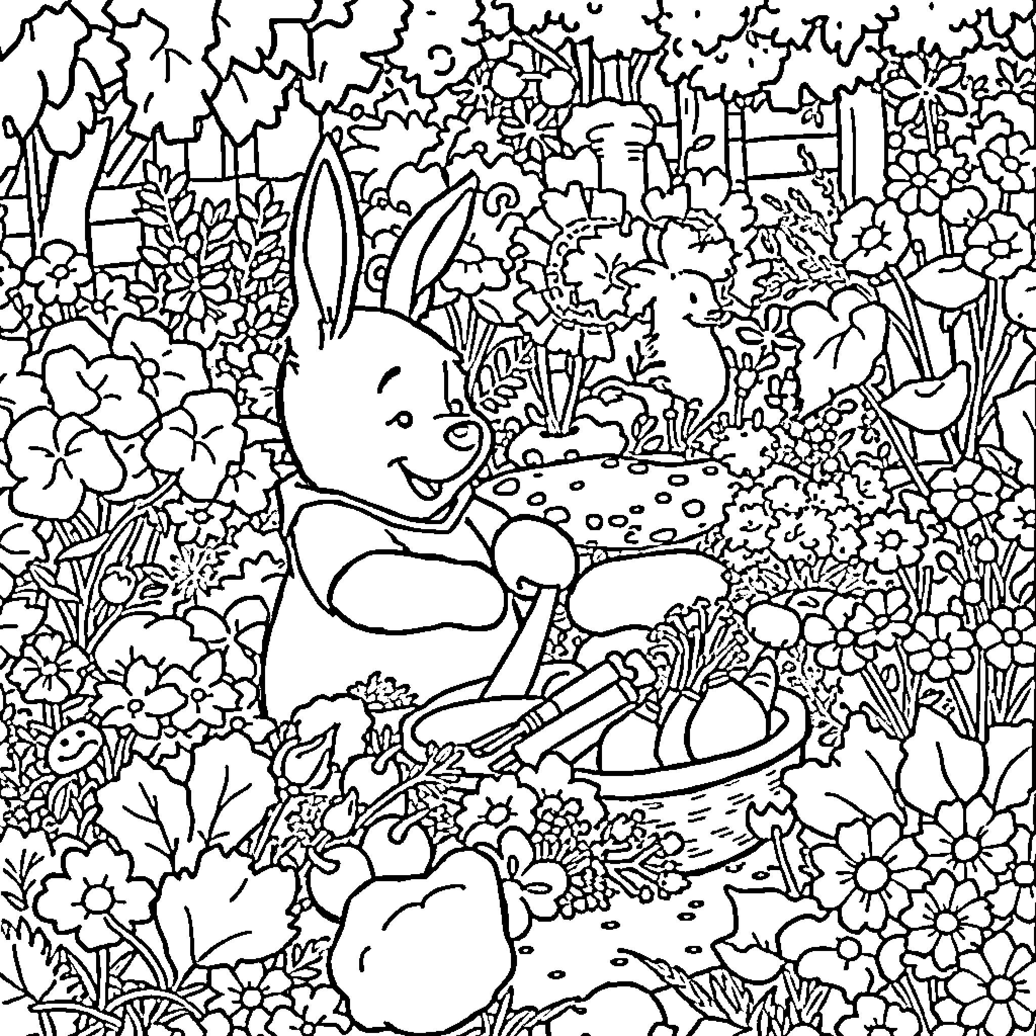 Winnie The Pooh Rabbit Enjoying Flowers in the Garden Coloring Page (free black-and-white line drawing printable PDF for all, from beginners to advanced learners, including children, teens, adults, and seniors)