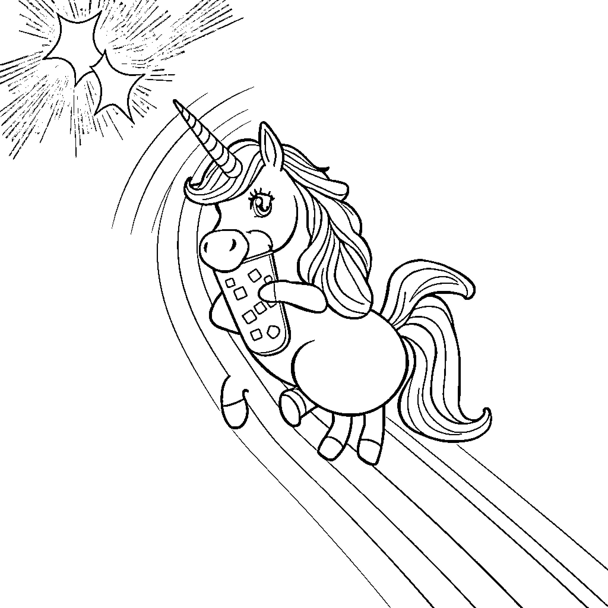 Unicorn riding a shooting star Coloring Page (free black-and-white line drawing printable PDF for all, from beginners to advanced learners, including children, teens, adults, and seniors)