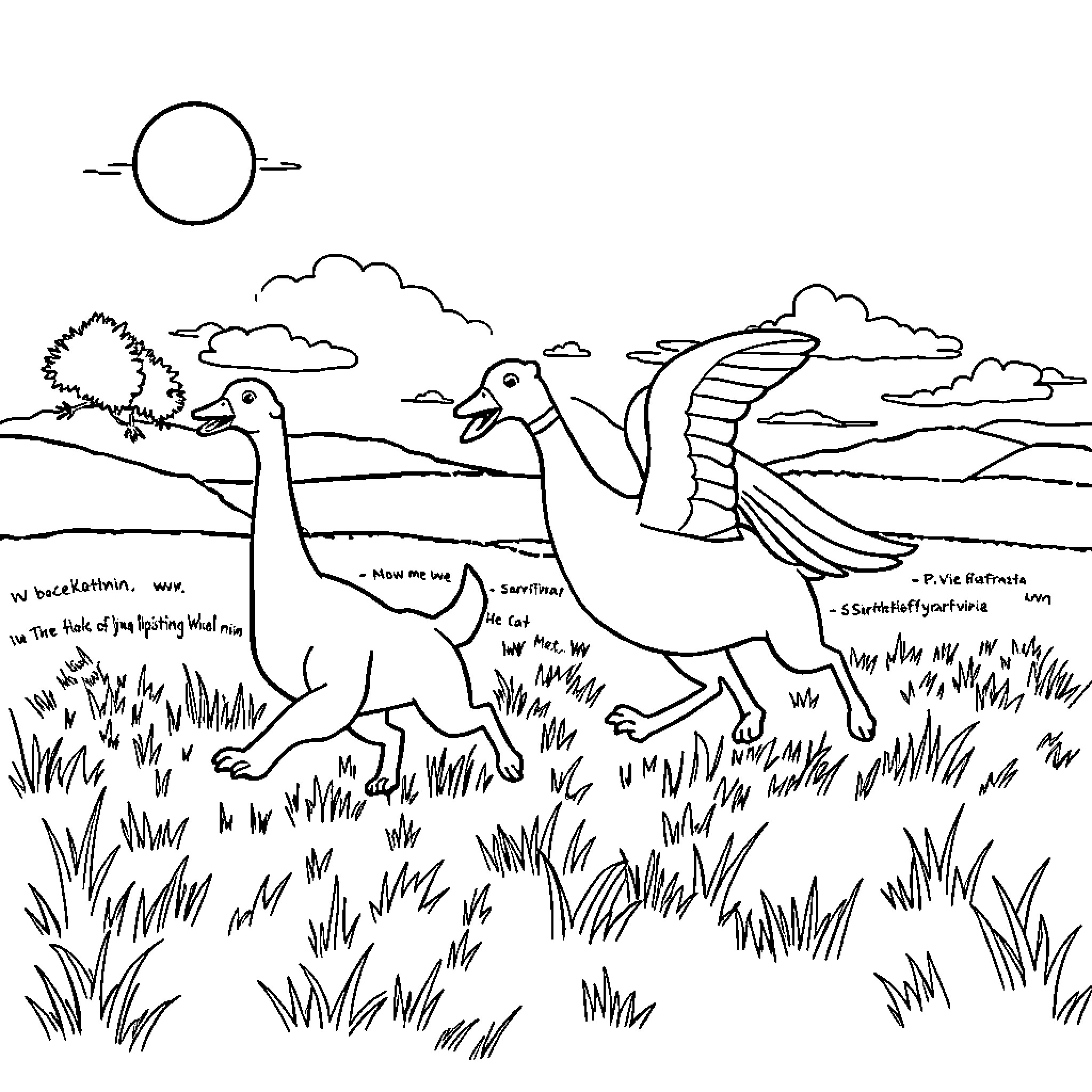 Dog running in a grassy field with birds Coloring Page (free black-and-white line drawing printable PDF for all, from beginners to advanced learners, including children, teens, adults, and seniors)
