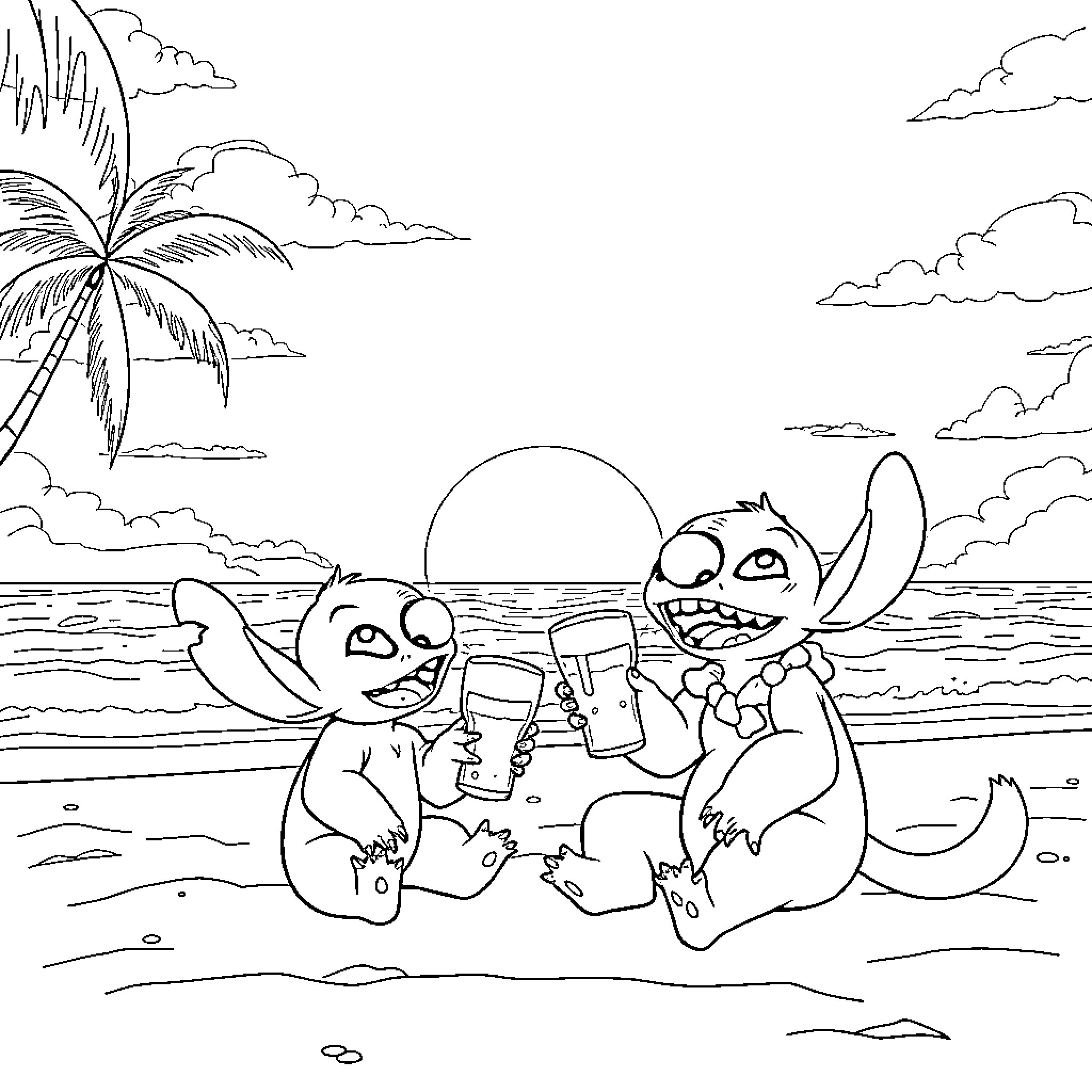 Lilo And Stitch Enjoying Sunset Beach Celebration Coloring Page (free black-and-white line drawing printable PDF for all, from beginners to advanced learners, including children, teens, adults, and seniors)
