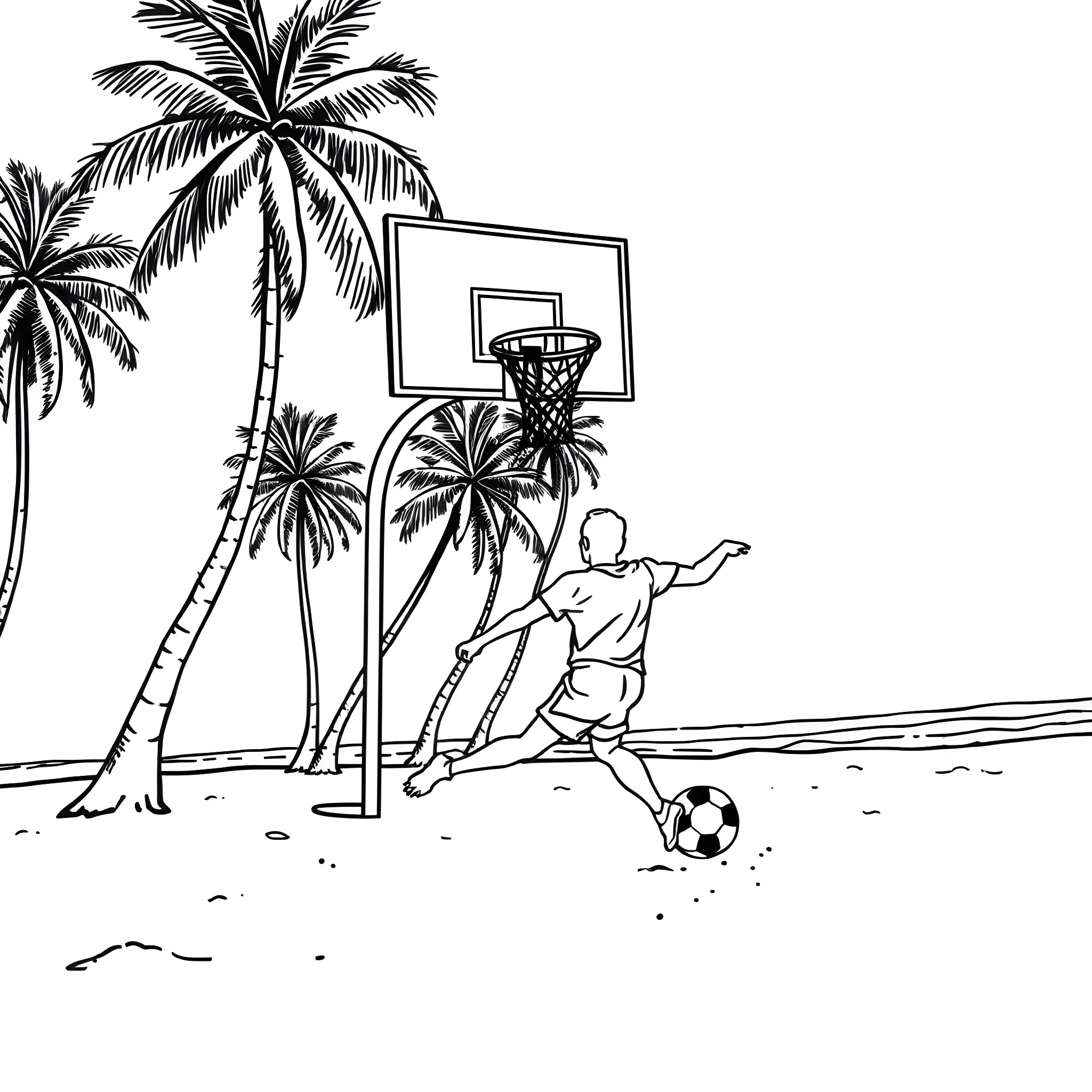 Soccer Player Dribbling Ball on Beach with Palms Coloring Page (free black-and-white line drawing printable PDF for all, from beginners to advanced learners, including children, teens, adults, and seniors)
