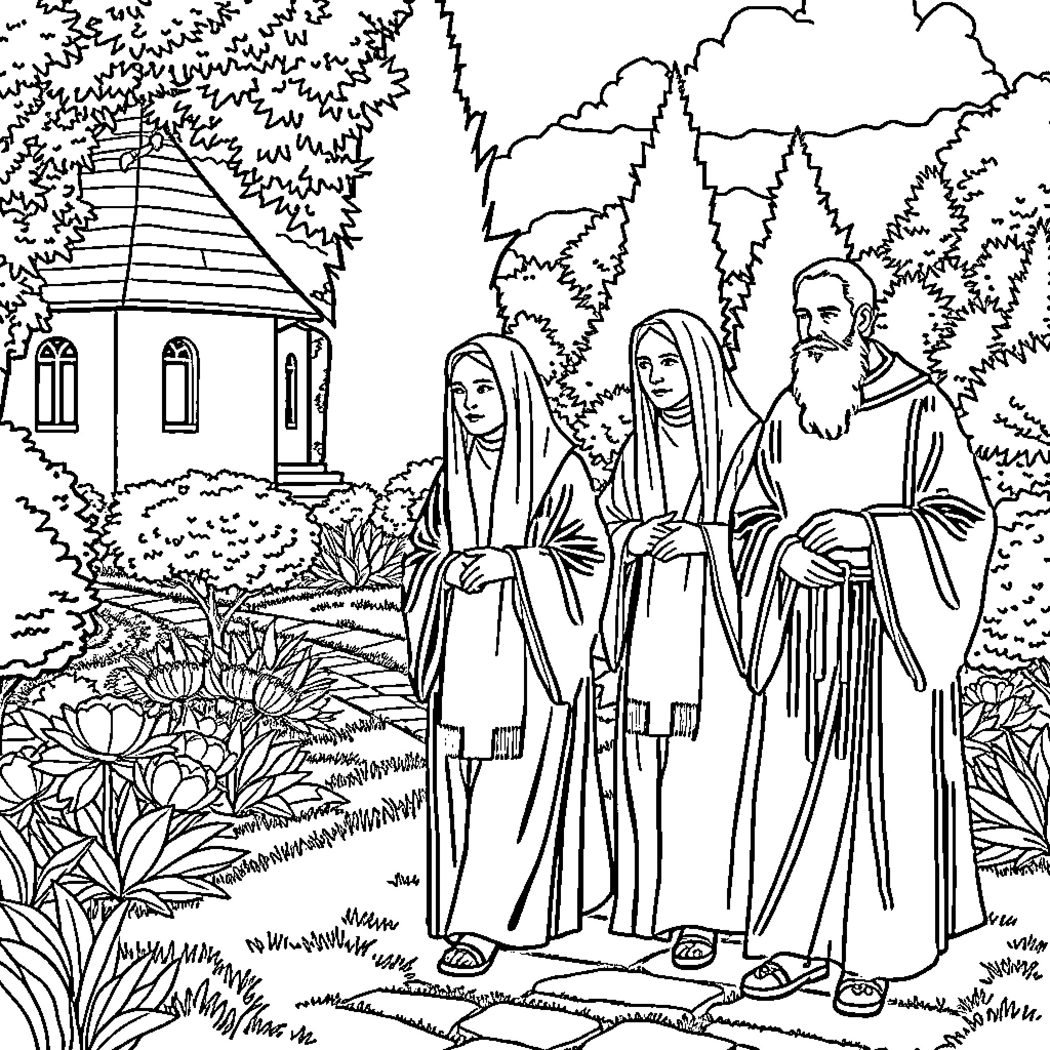 OCD Karmeliten: Religious figures in contemplative scene Coloring Page (free black-and-white line drawing printable PDF for all, from beginners to advanced learners, including children, teens, adults, and seniors)