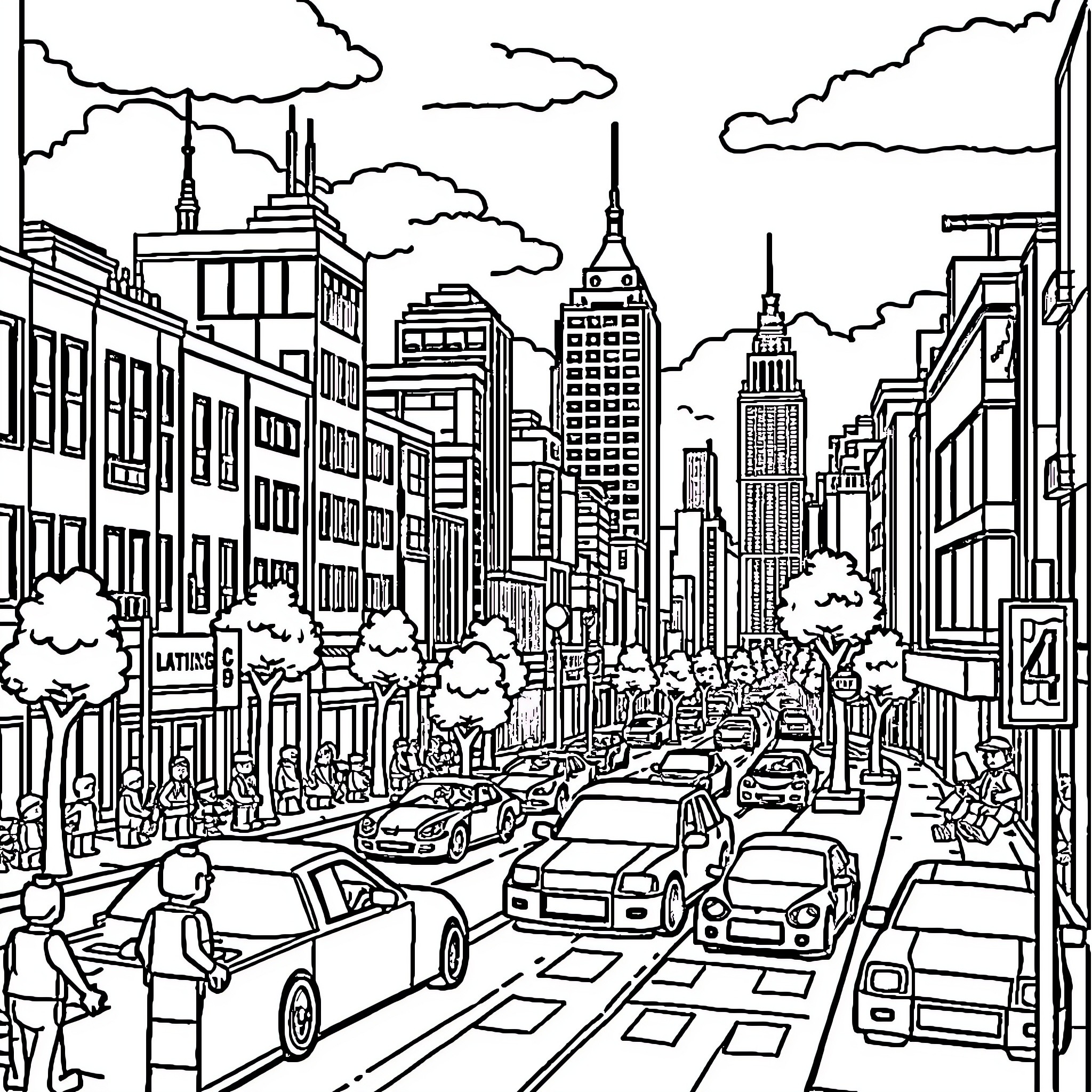 Lego Cityscape with Traffic and Skyscrapers Coloring Page (free black-and-white line drawing printable PDF for all, from beginners to advanced learners, including children, teens, adults, and seniors)