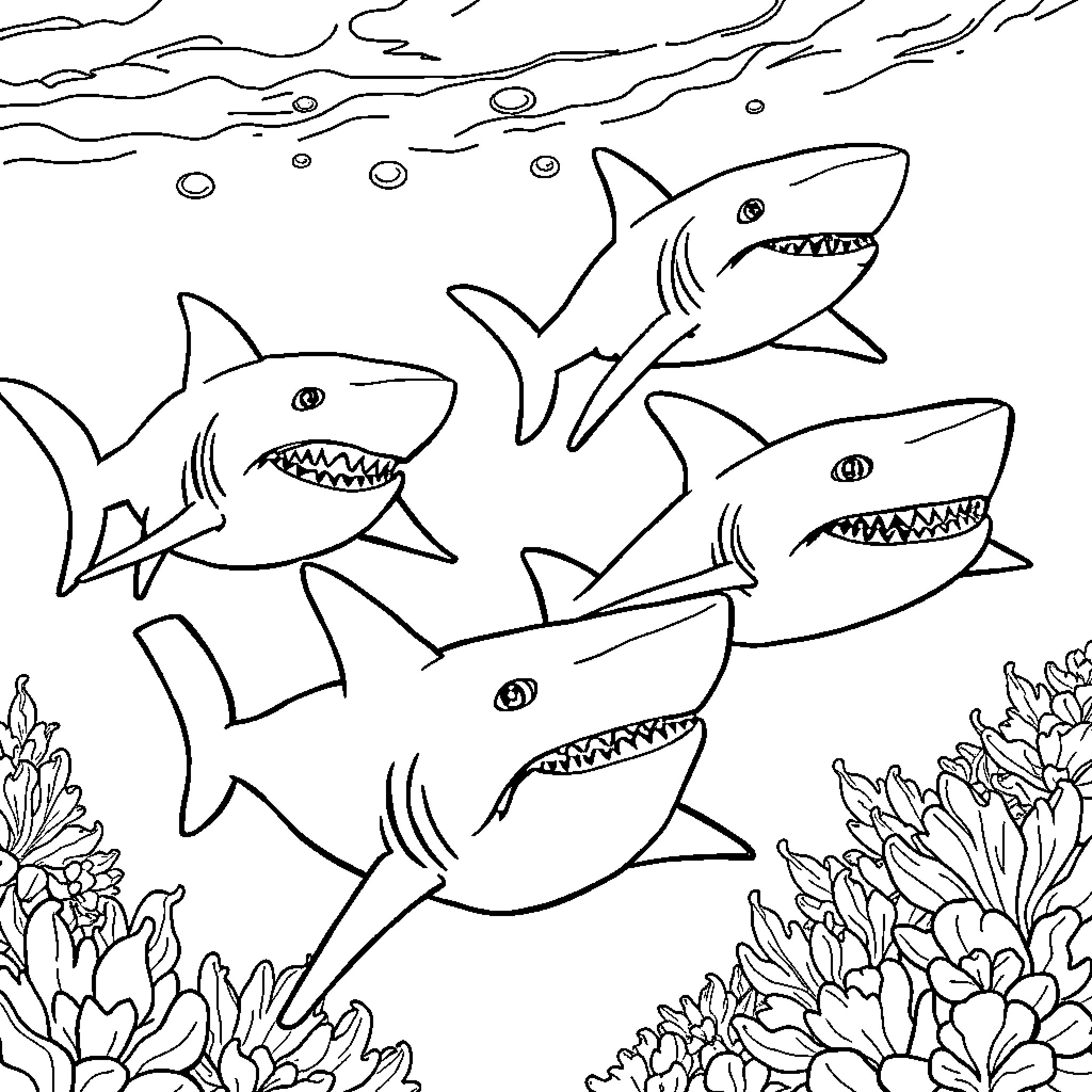 Shark swimming with open mouths in the ocean Coloring Page (free black-and-white line drawing printable PDF for all, from beginners to advanced learners, including children, teens, adults, and seniors)