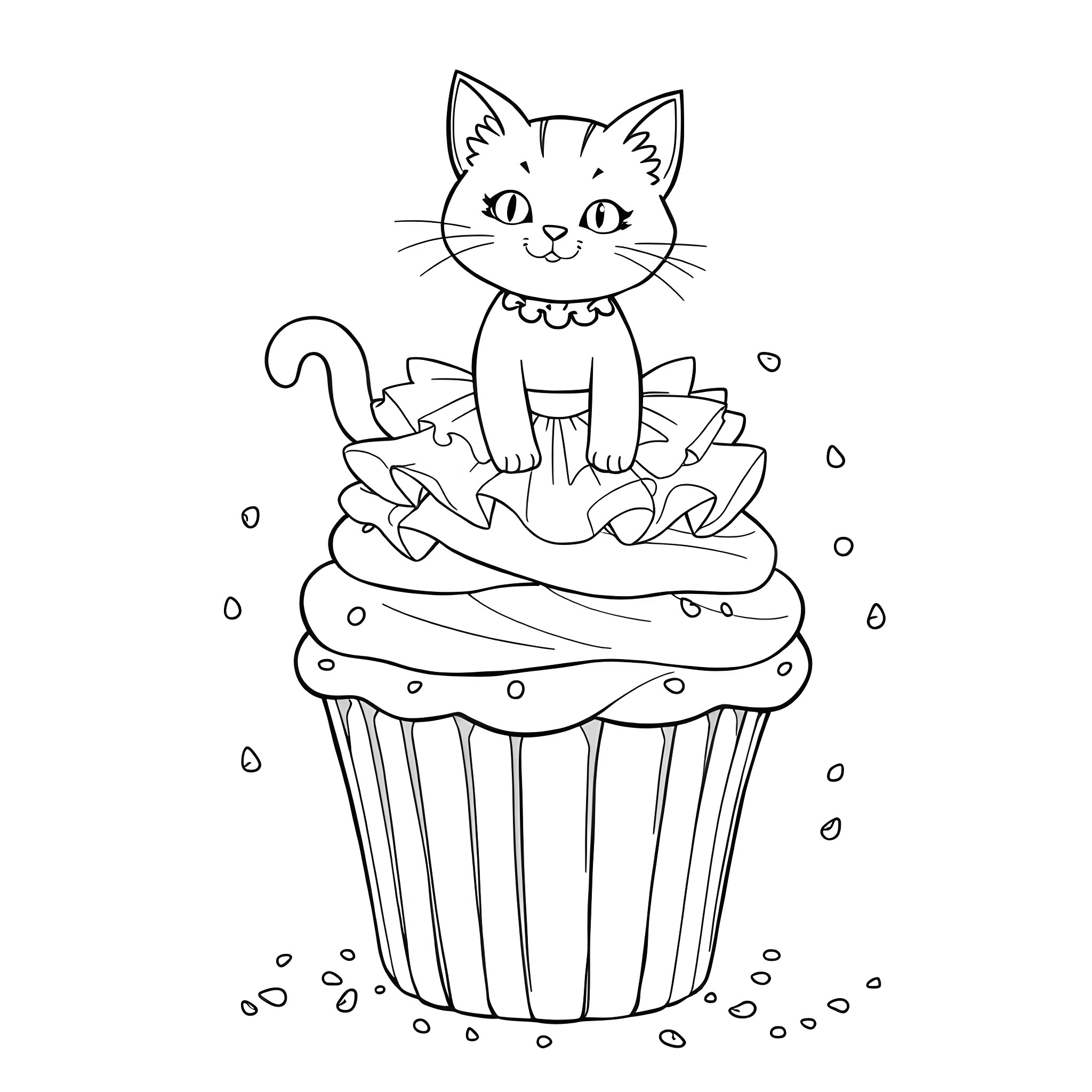 Cat on a Cupcake Coloring Page (free black-and-white line drawing printable PDF for all, from beginners to advanced learners, including children, teens, adults, and seniors)