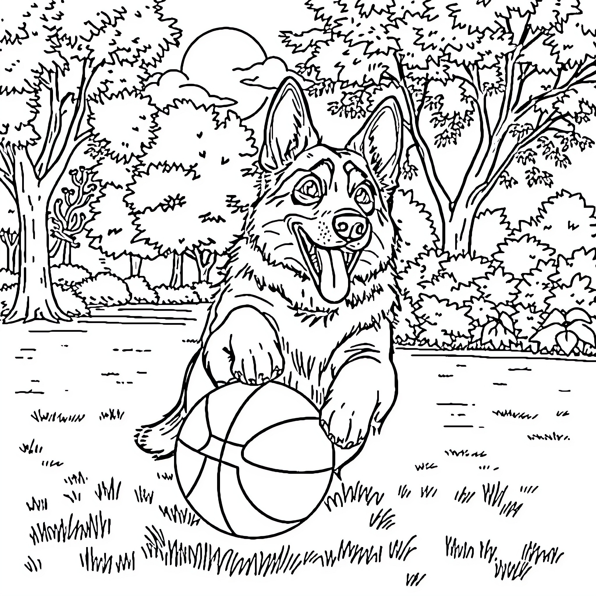 German Shepherd playing with basketball in forest Coloring Page (free black-and-white line drawing printable PDF for all, from beginners to advanced learners, including children, teens, adults, and seniors)