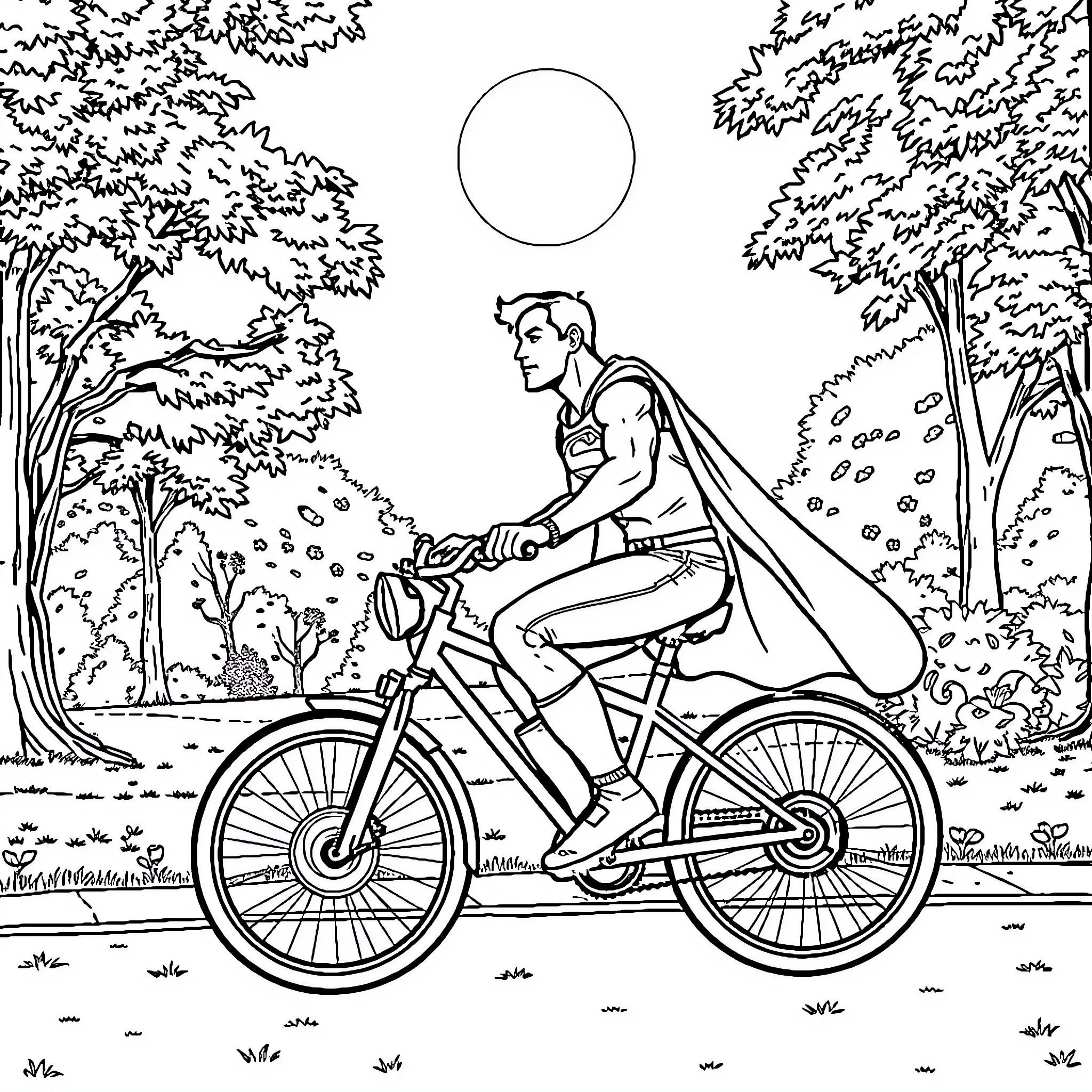 Superman relaxing on a bike ride through nature Coloring Page (free black-and-white line drawing printable PDF for all, from beginners to advanced learners, including children, teens, adults, and seniors)