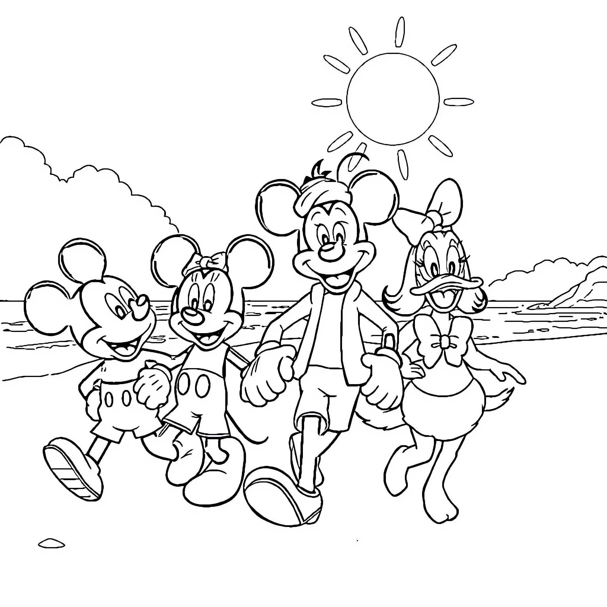 Sora's Cartoon Friends Enjoying the Sunny Day Coloring Page (free black-and-white line drawing printable PDF for all, from beginners to advanced learners, including children, teens, adults, and seniors)