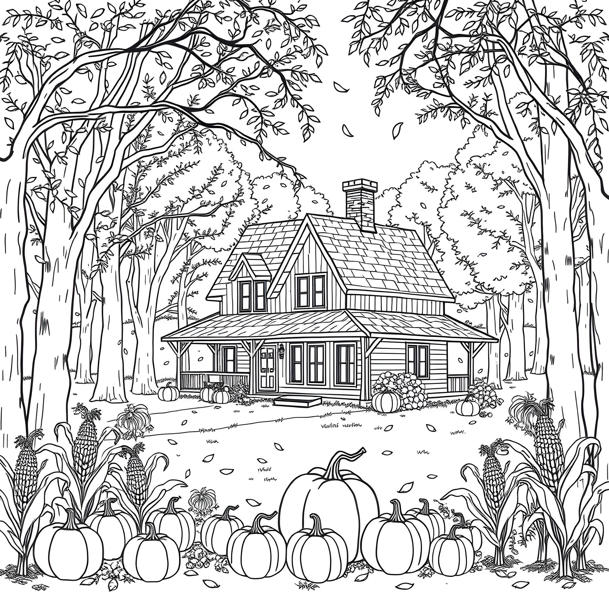 Cabin in the autumnal forest with pumpkins Coloring Page (free black-and-white line drawing printable PDF for all, from beginners to advanced learners, including children, teens, adults, and seniors)
