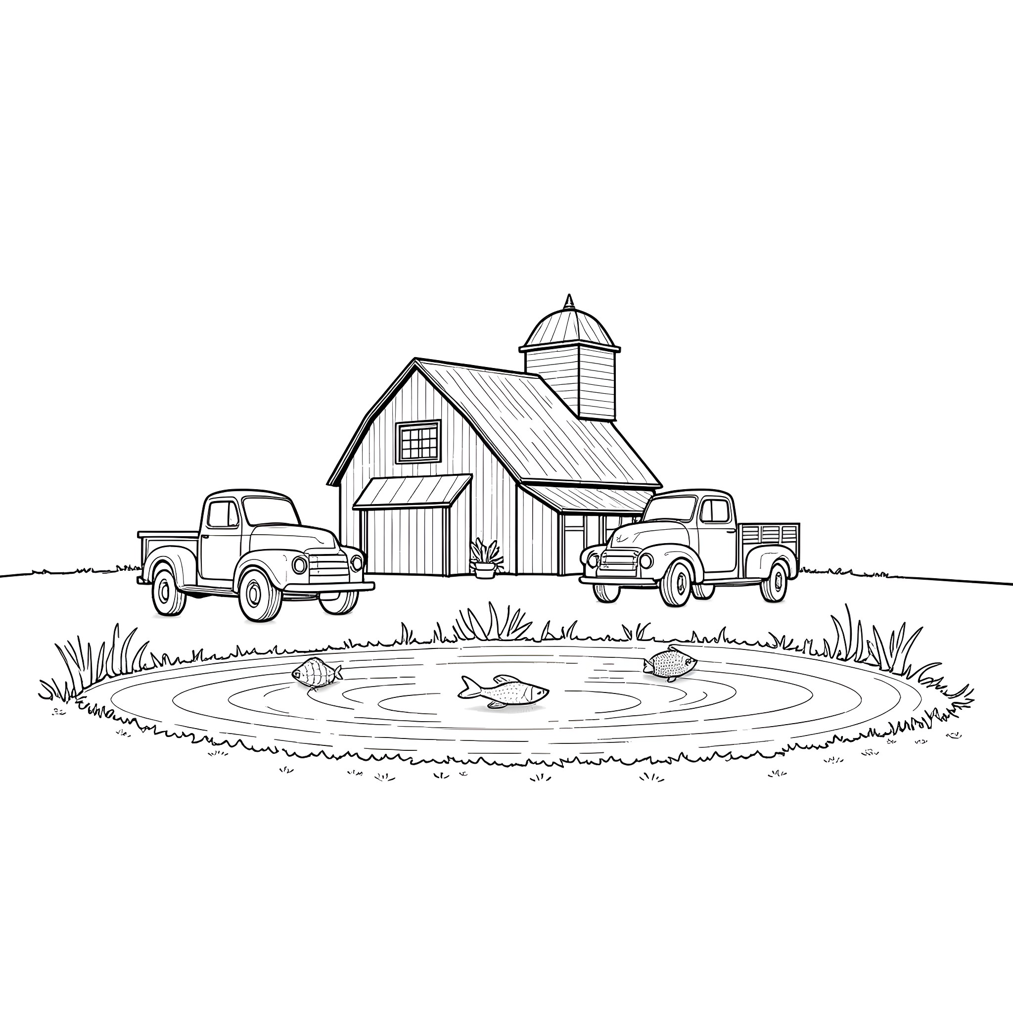 Farmhouse with vintage trucks and pond Coloring Page (free black-and-white line drawing printable PDF for all, from beginners to advanced learners, including children, teens, adults, and seniors)